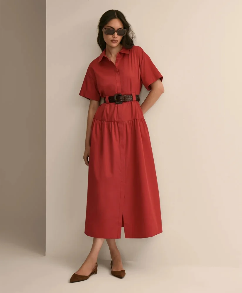Cotton Sateen Belted Shirtdress - 1