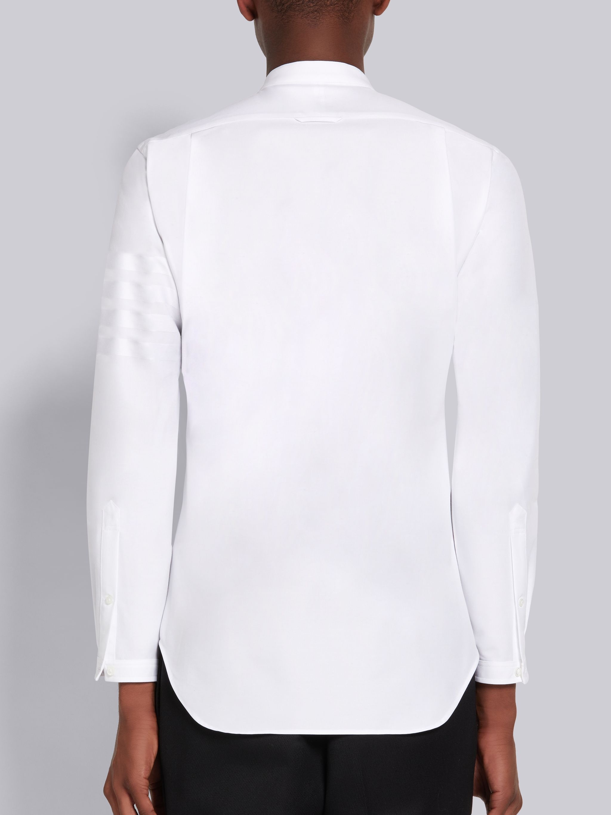 White Satin Weave Oxford Engineered 4-Bar Stripe Band Collar Classic Button Down Shirt - 4