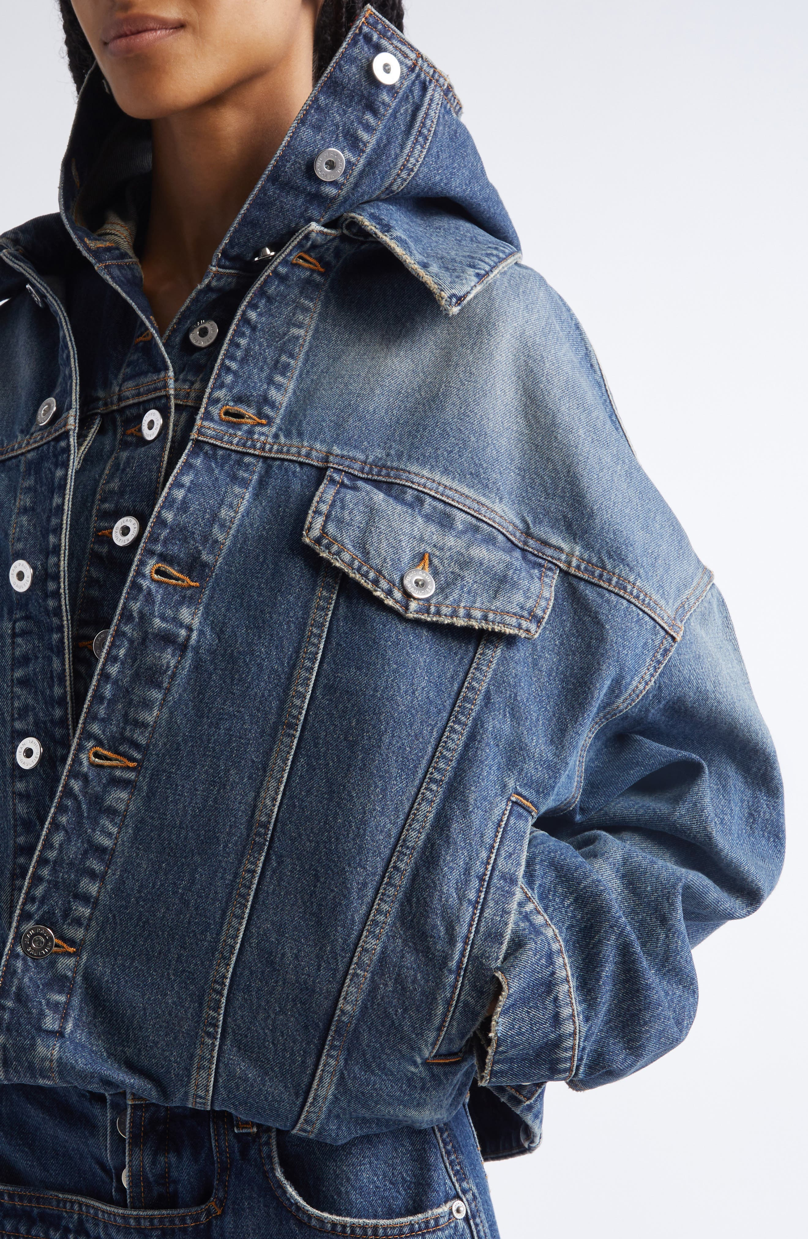 Jean Paul Gaultier Hooded Double Layer Denim Jacket in Vintage Blue at Nordstrom - 6
