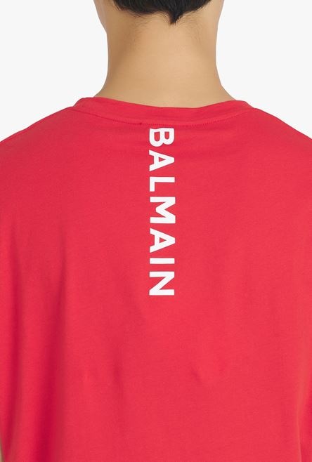 Red eco-designed cotton T-shirt with white Balmain logo print - 9