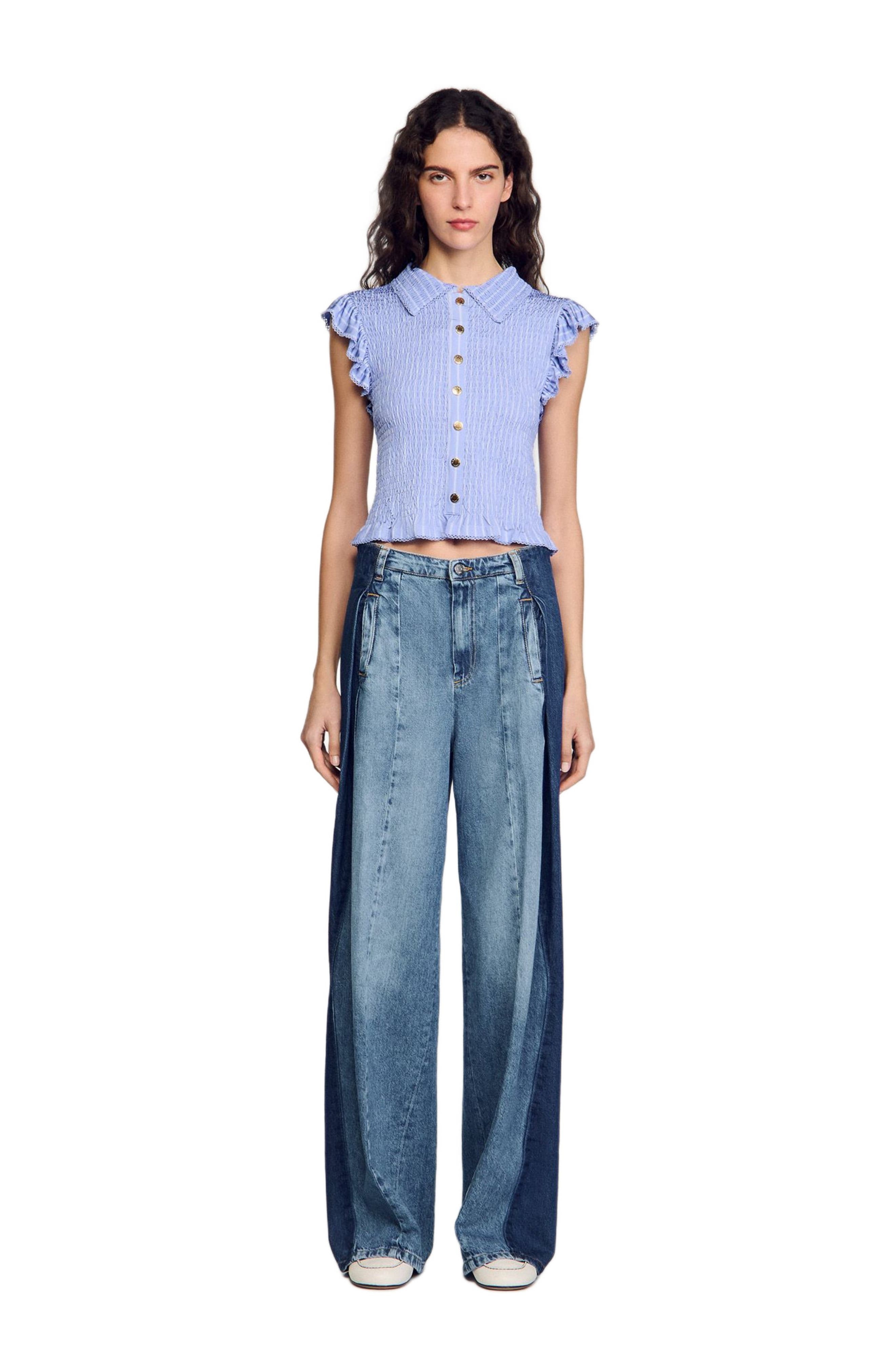 SANDRO Striped smocked T-shirt in Sky Blue at Nordstrom - 1