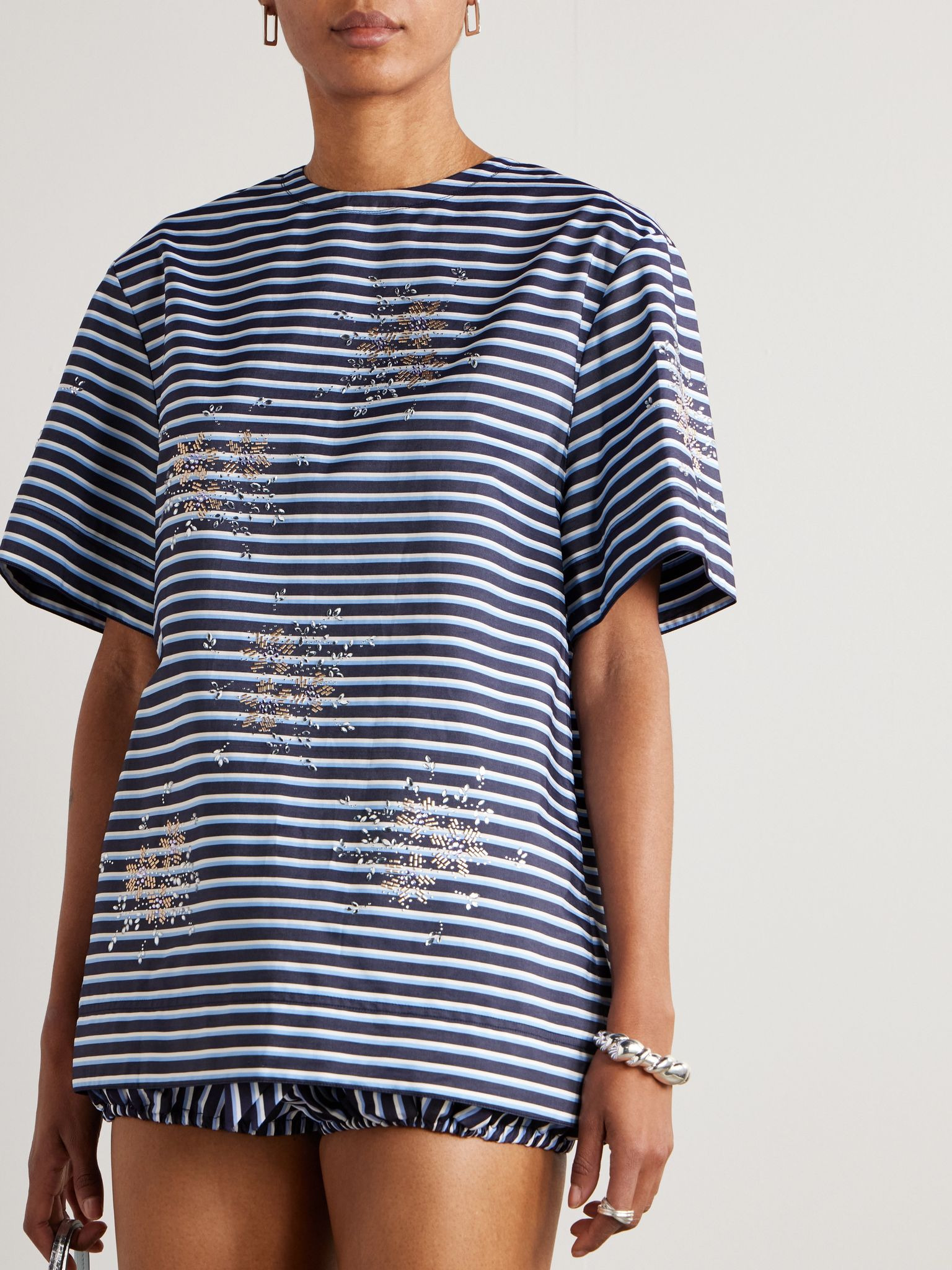 Open-back embellished striped cotton-jersey T-shirt Blue - 3