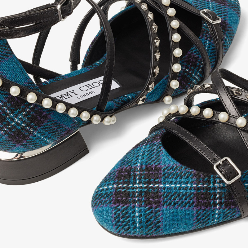 JIMMY CHOO Celestia 25 Peacock Tartan Fabric Pumps with Pearls and