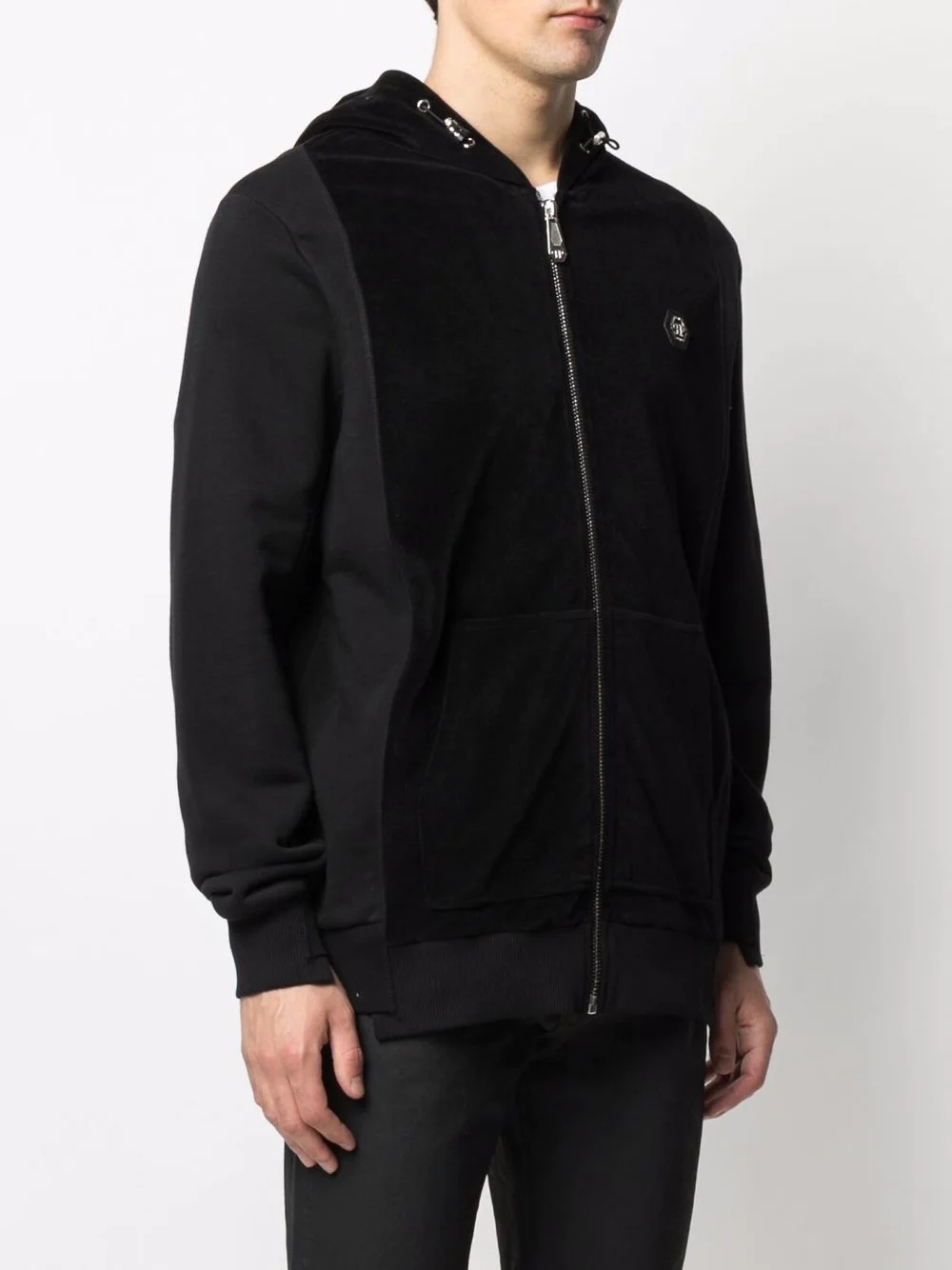 velvet-panelled zip-up hoodie - 3