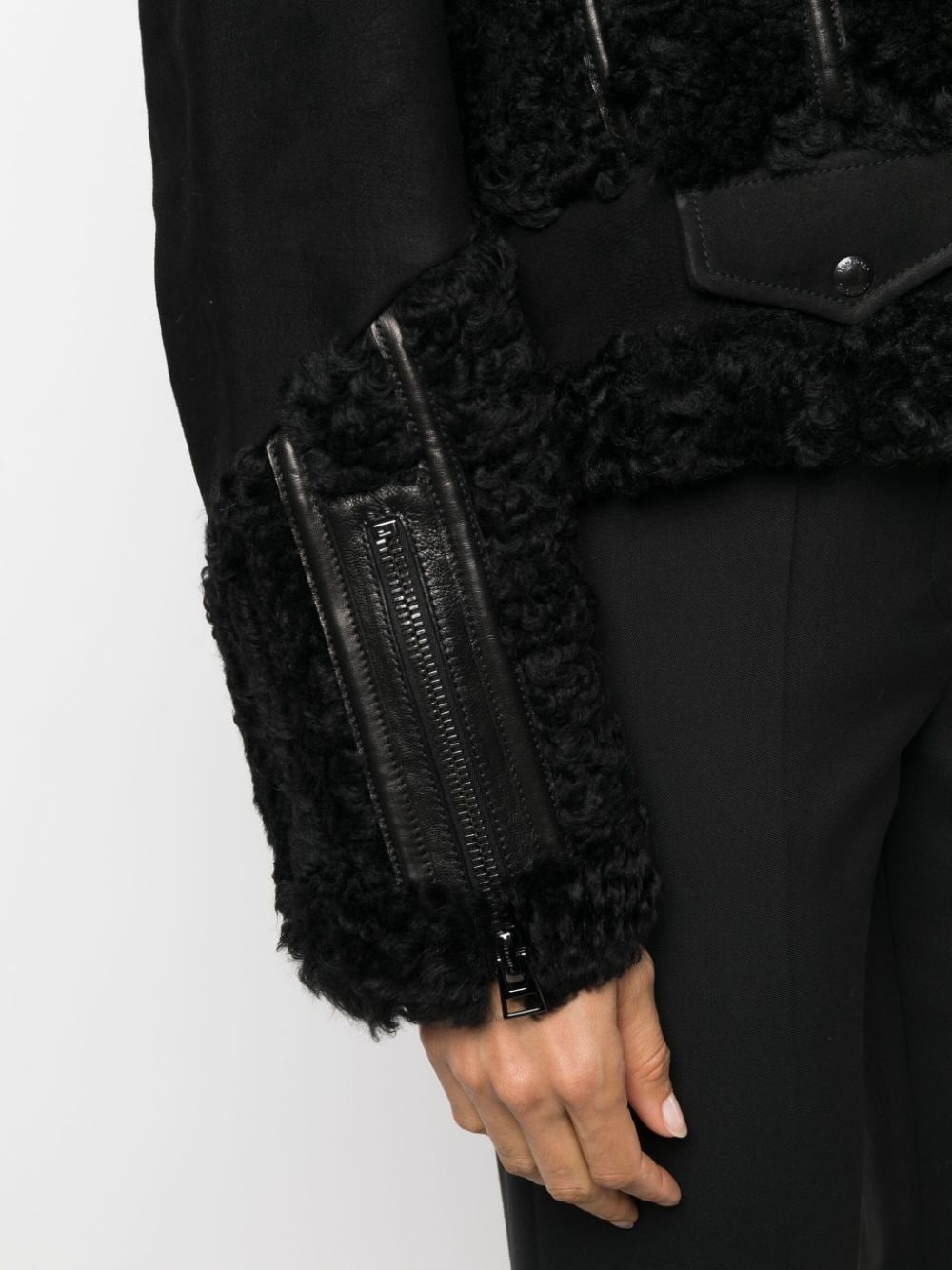 shearling zip-up leather jacket - 5