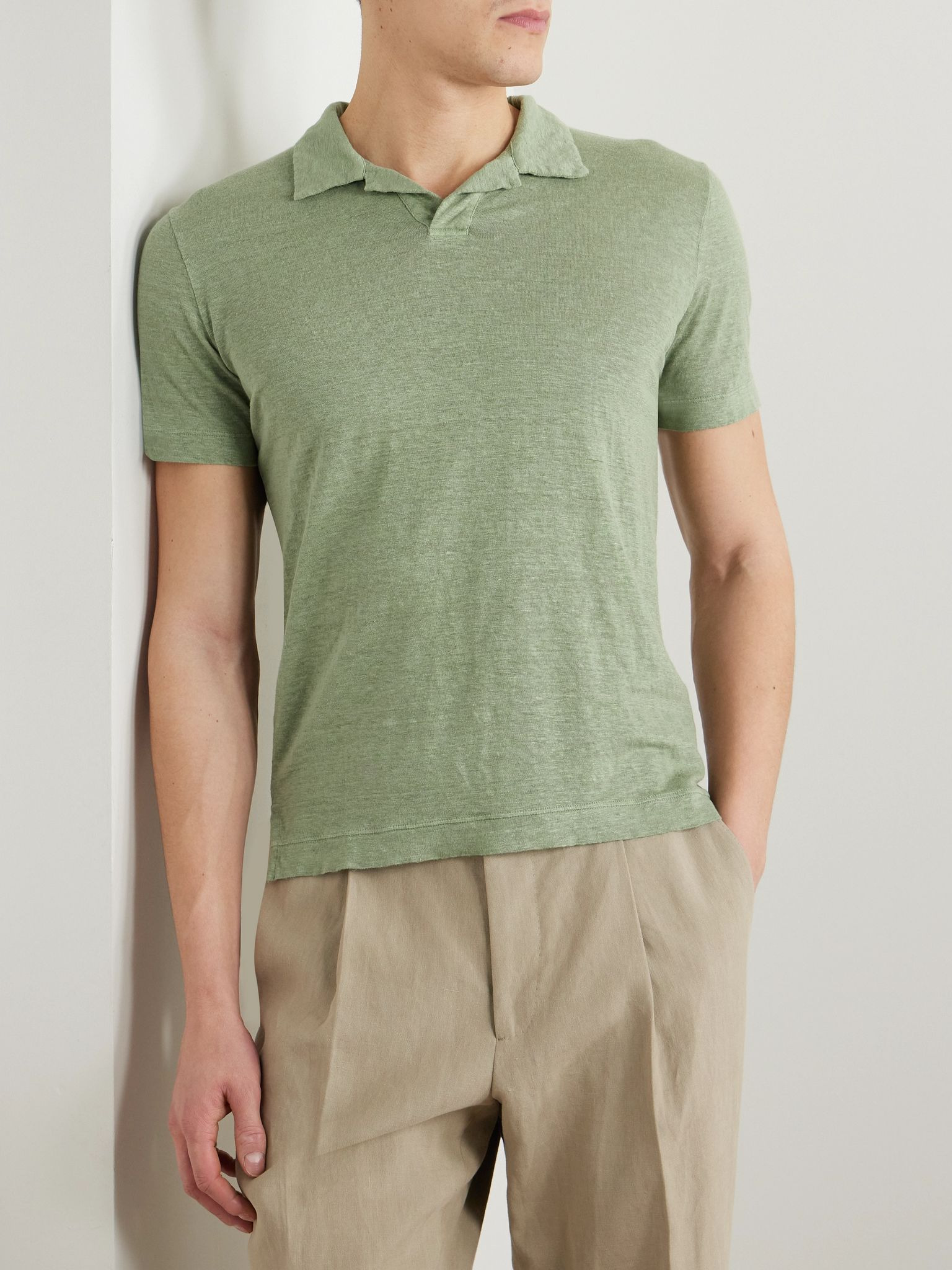 Slim-Fit Linen Polo Shirt Green - 3
