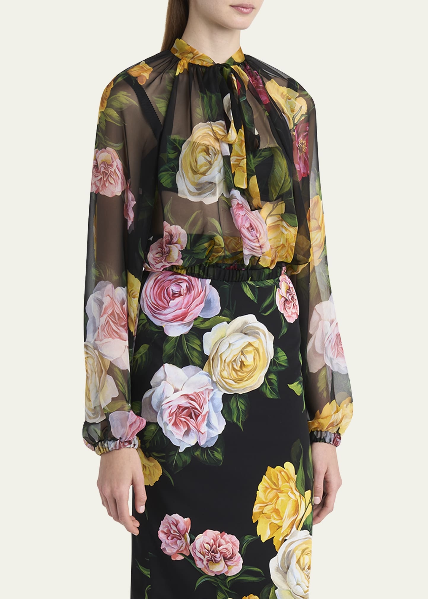 Rose Tie-Neck Chiffon Cropped Blouse - 4