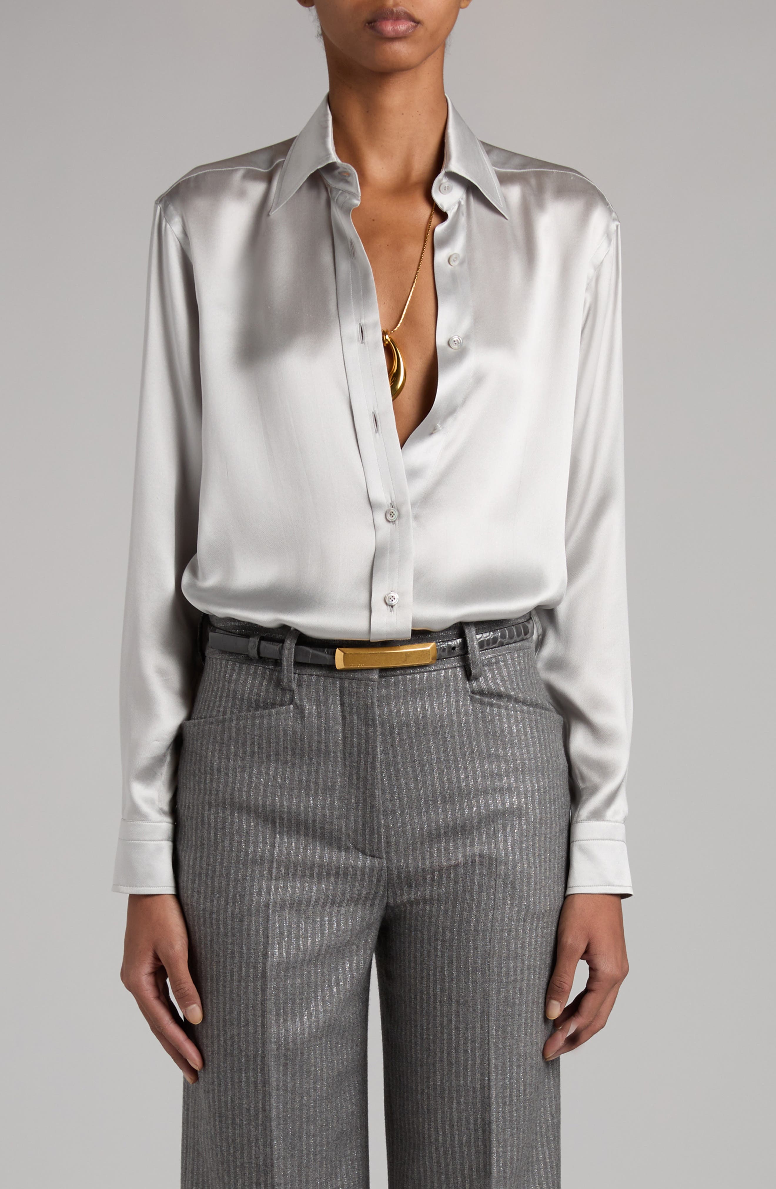 Pleated Silk Charmeuse Button-Up Shirt - 1