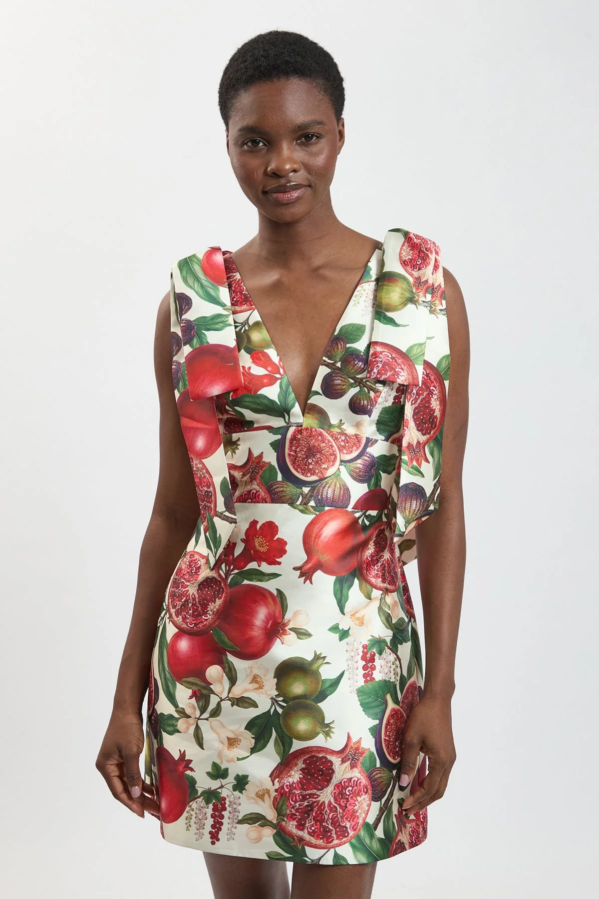 Petite Fruit Print Tie Shoulder Twill Mini Dress - 1