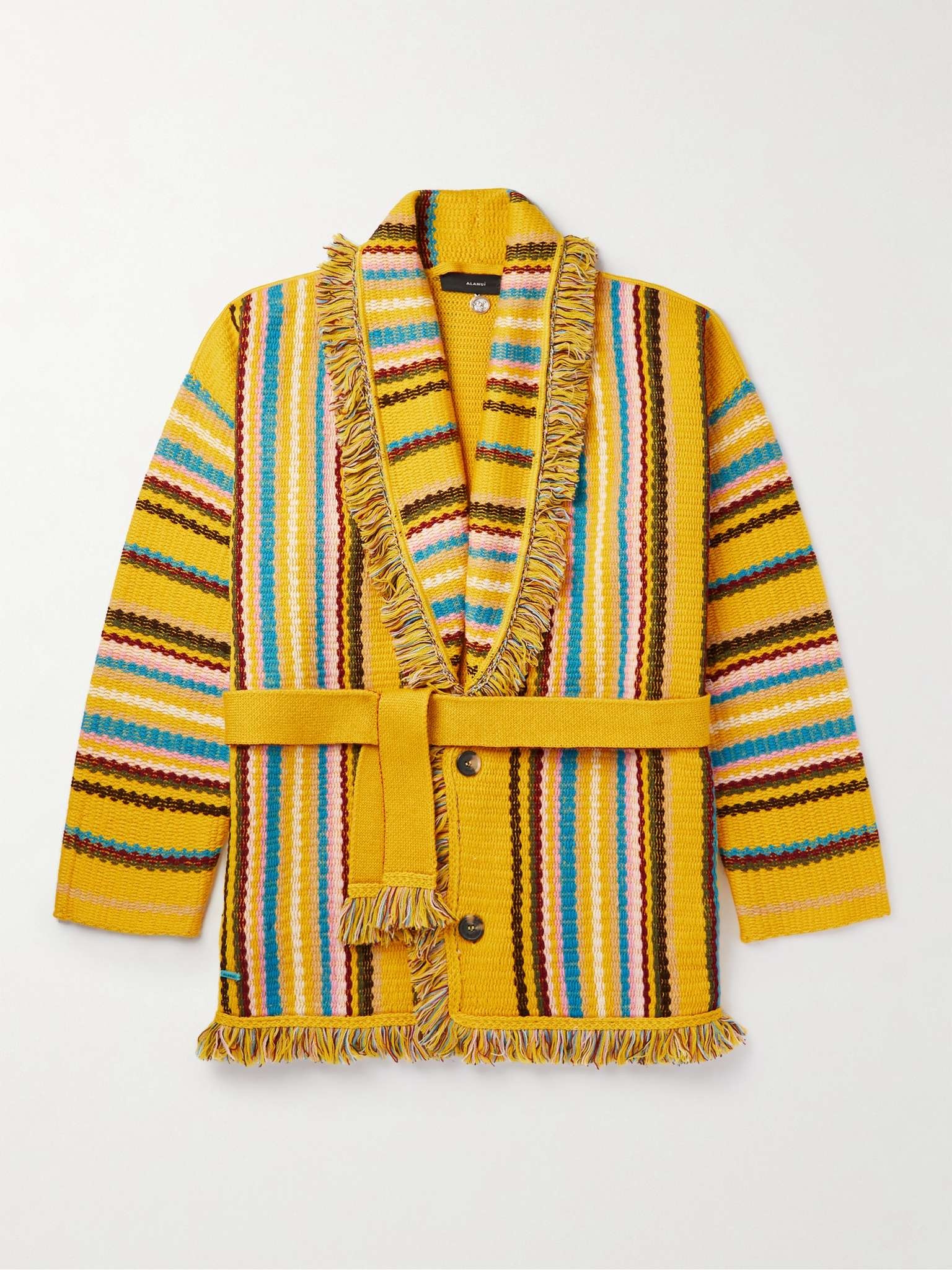 Shawl-Collar Frayed Striped Wool Cardigan - 1