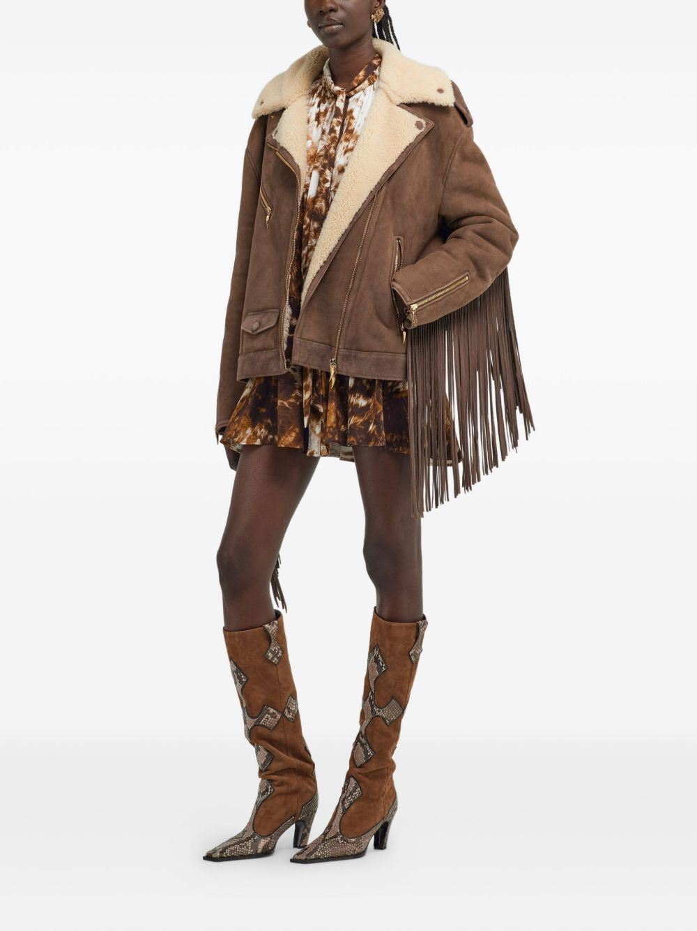 shearling-trimmed fringed leather jacket - 2