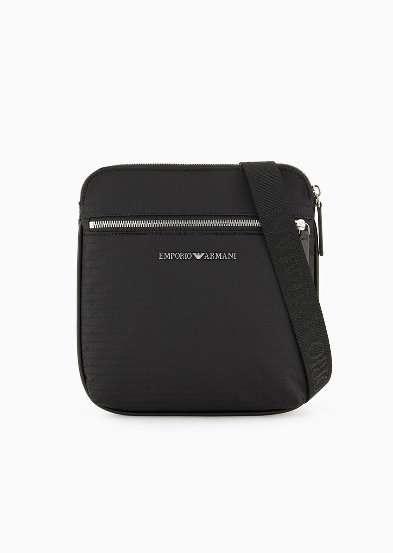 Flat shoulder bag in nylon with all-over jacquard logo lettering 1