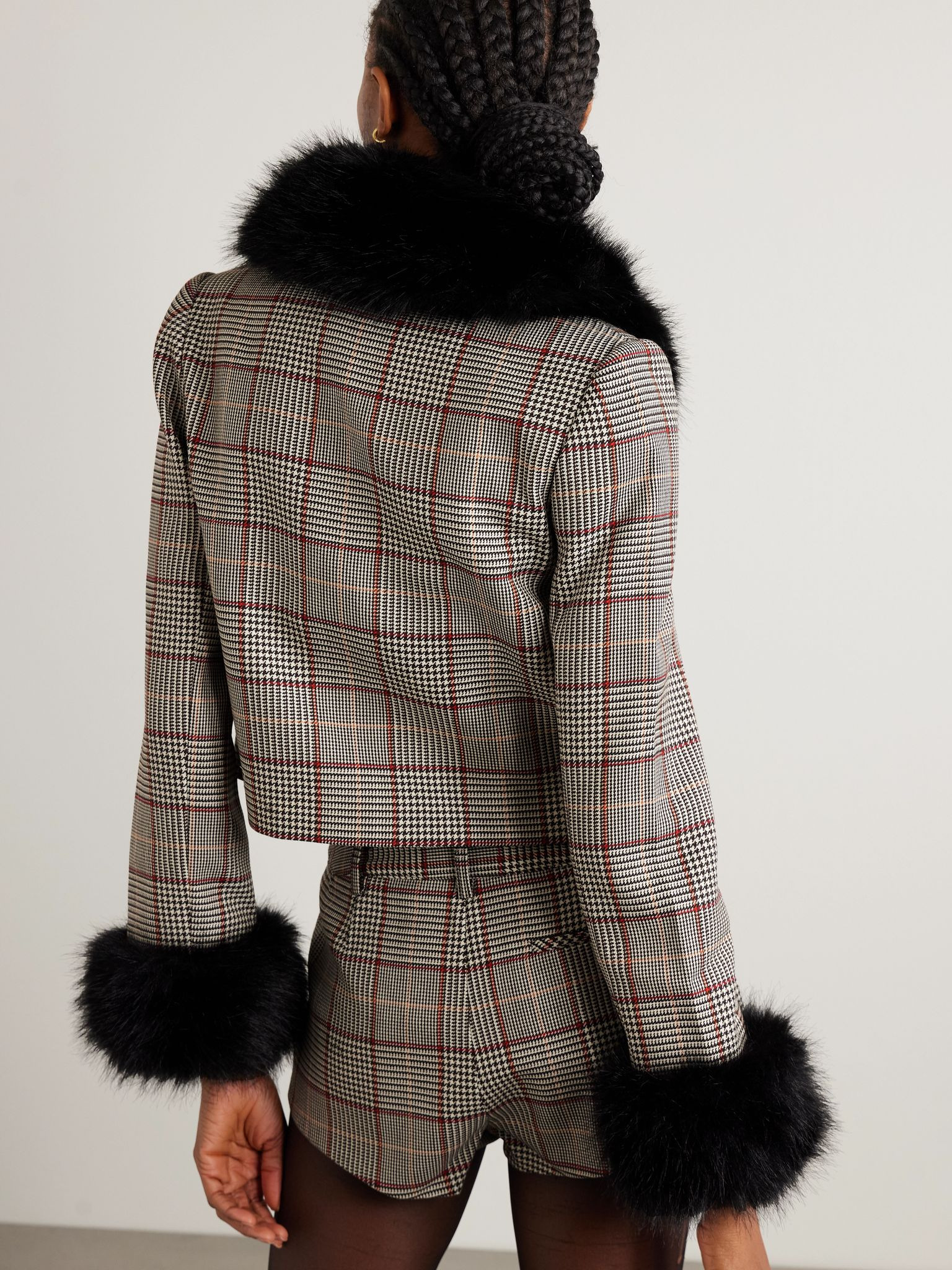 Plush-trimmed checked wool-blend jacket Brown - 3