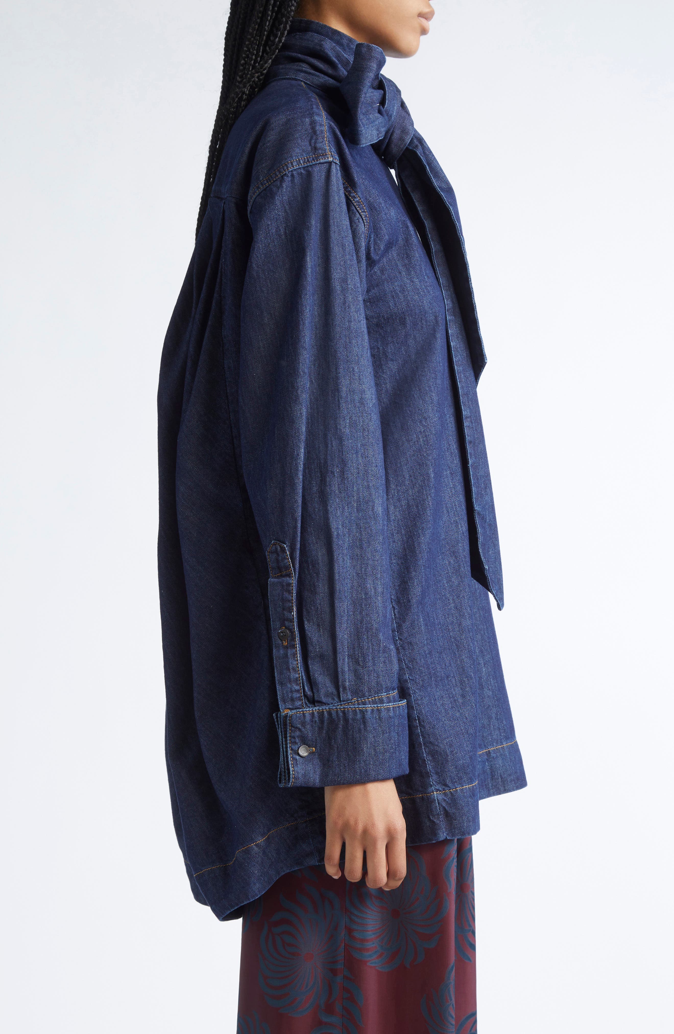 Dries Van Noten Chaddy Pussy Bow Denim Shirt in Indigo at Nordstrom - 4