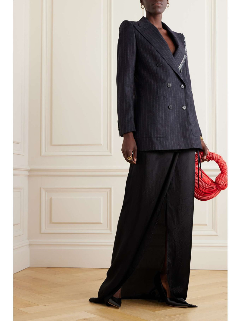 Dries Van Noten Layered pinstriped wool and satin maxi wrap skirt outlook