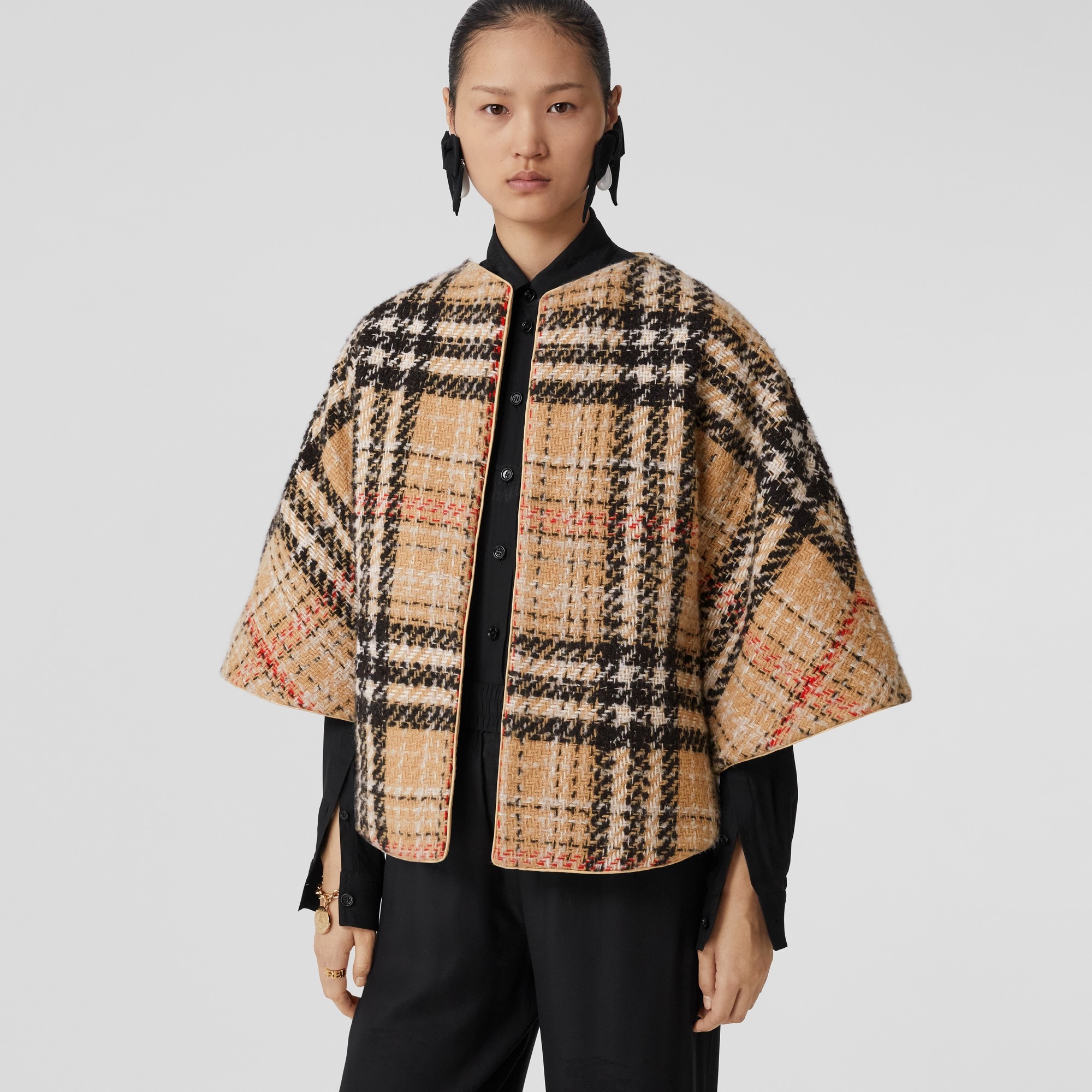 Exaggerated Check Cashmere Silk Tweed Cape - 6