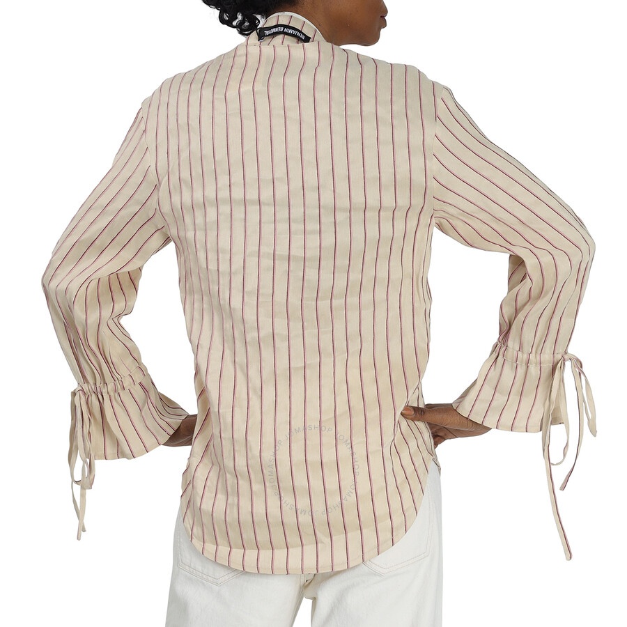 Benjamin Benmoyal - Benjamin Benmoyal Ladies Beige Stiped Linen V Collar Shirt - 5