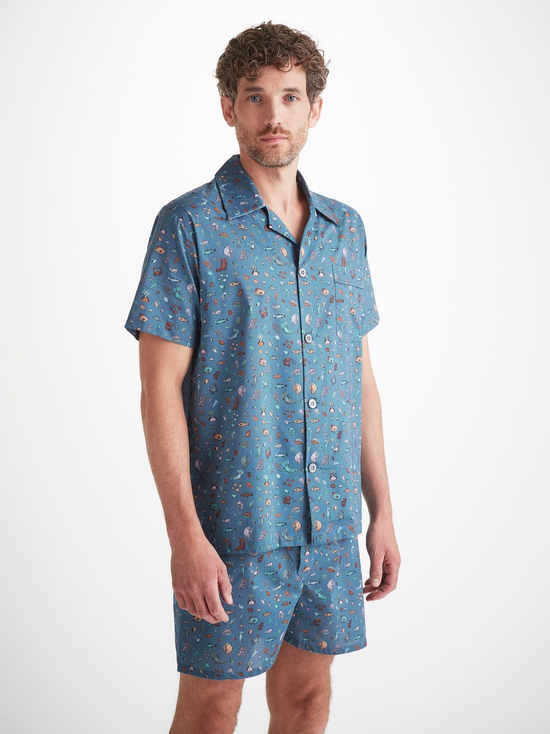 Men's Short Pajamas Cotton Batiste Blue Sea Friends Print - 3