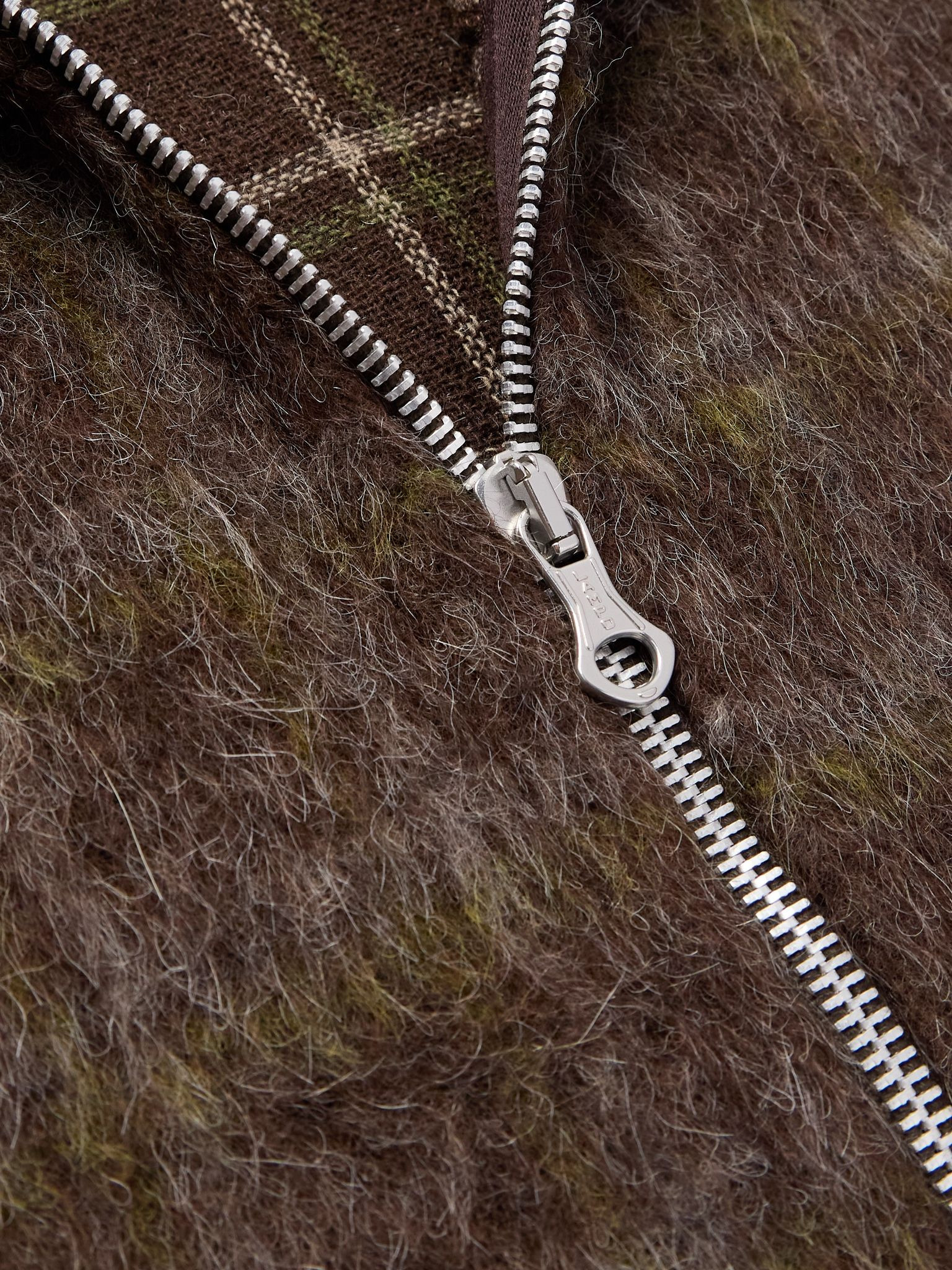 Checked Brushed-Knit Zip-Up Hoodie Brown - 5