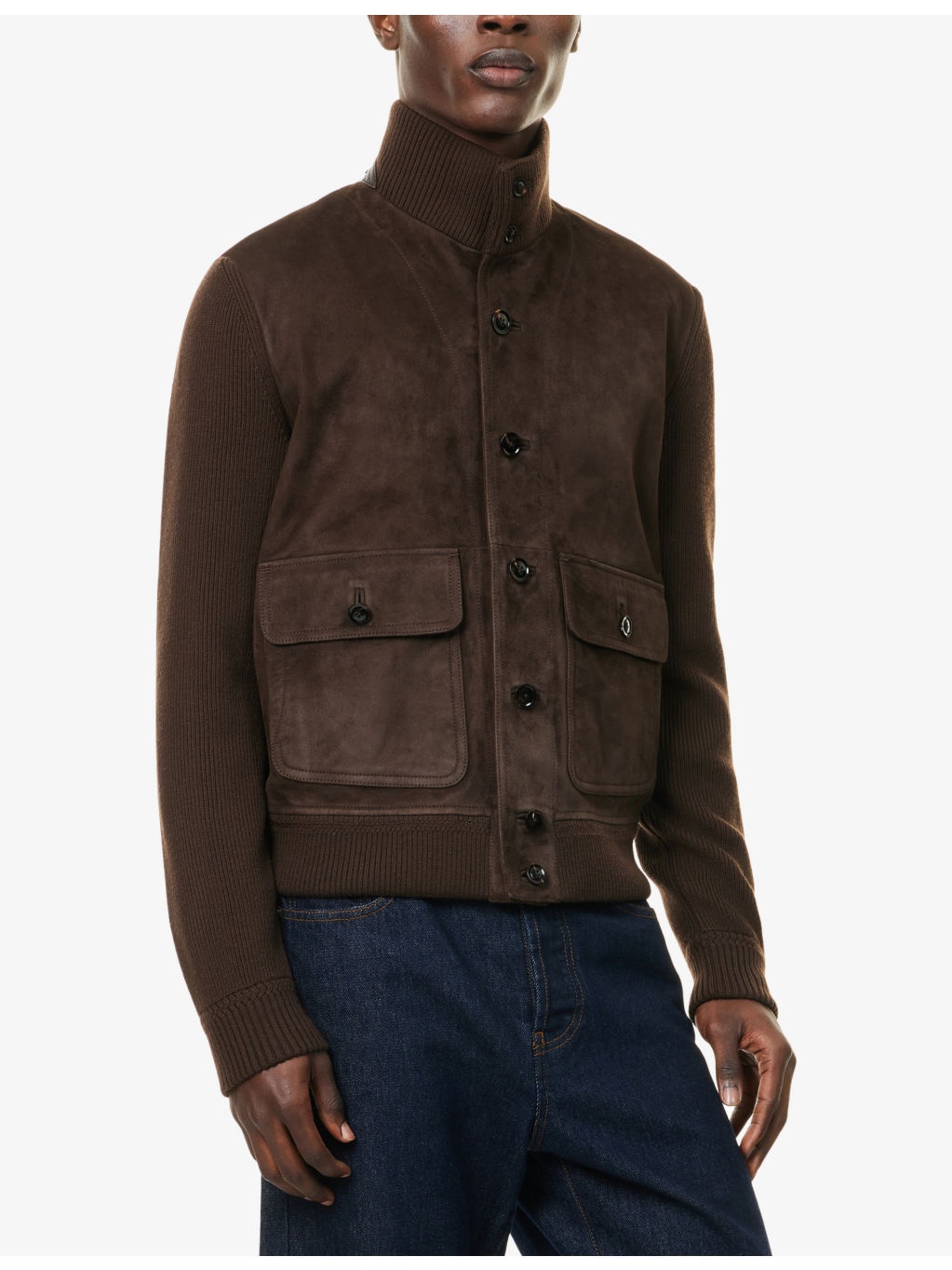 Funnel-Neck Ribbed-Sleeve Suede and Wool Jacket - 3