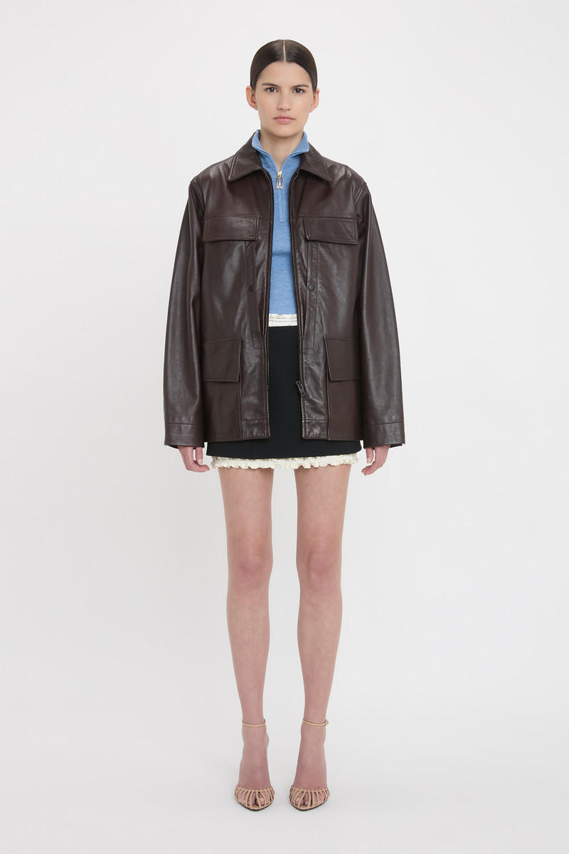 Victoria Beckham Soft Leather Chore Jacket In Ebony outlook