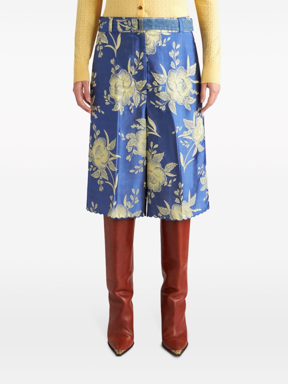 floral-jacquard belted shorts - 3