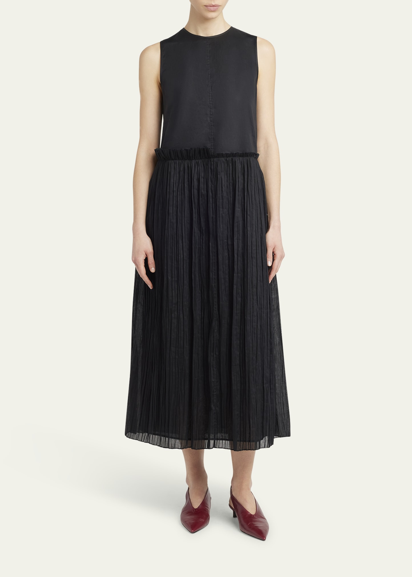 Ruffle Waist Dress With Pleated Skirt - 2