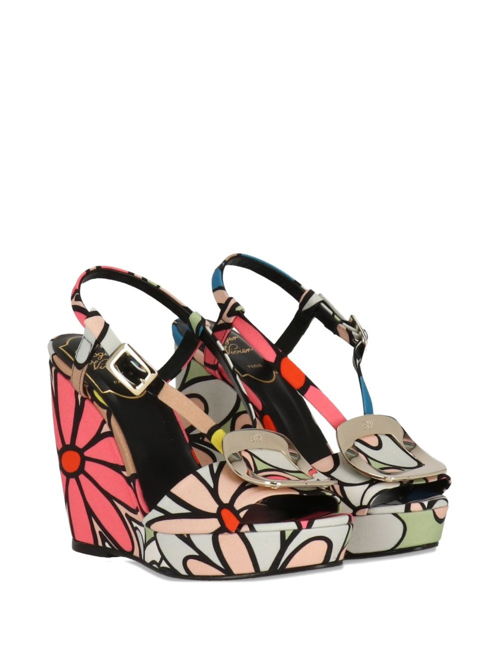 flower-print buckled wedge sandals - 2