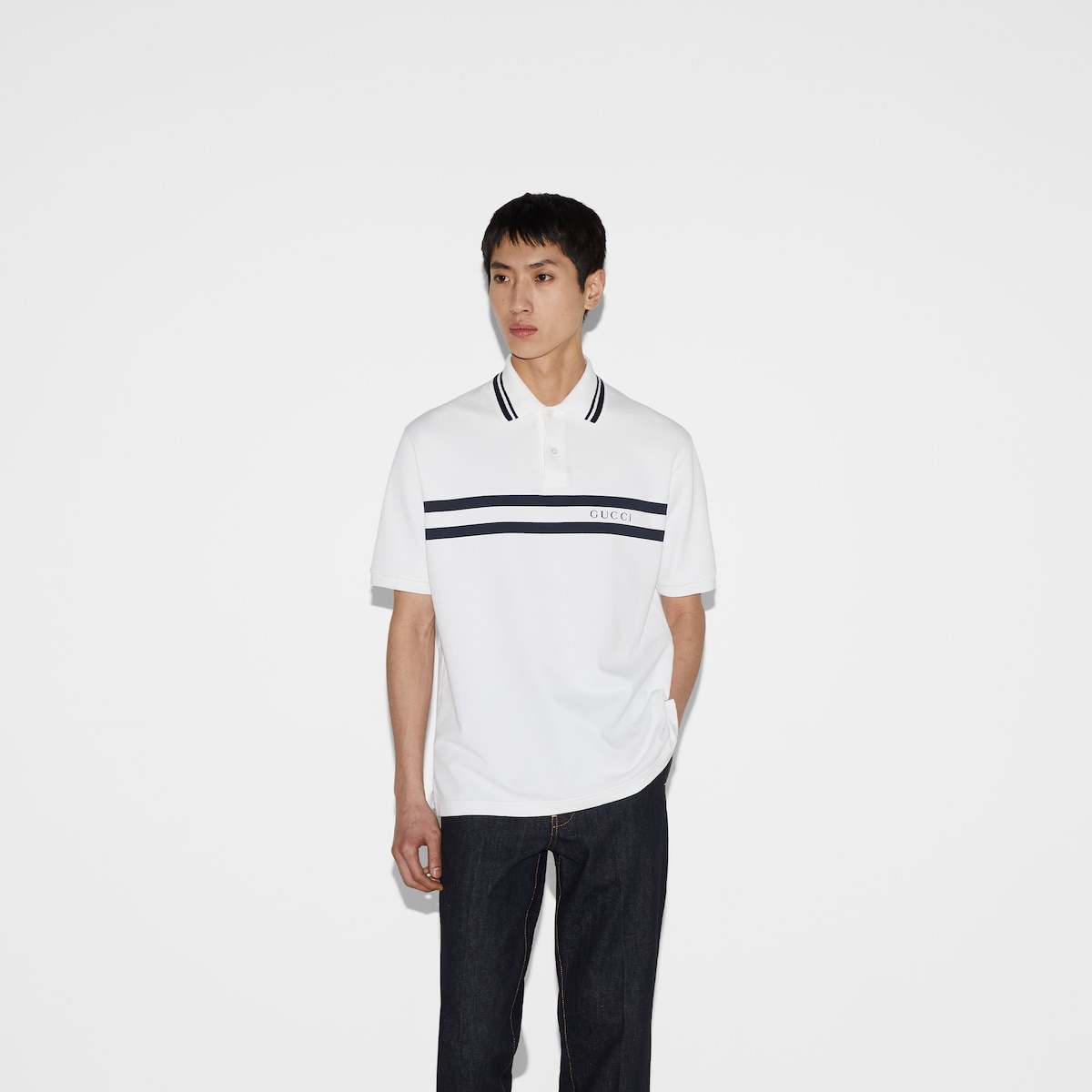 Cotton polo shirt with Gucci print - 3