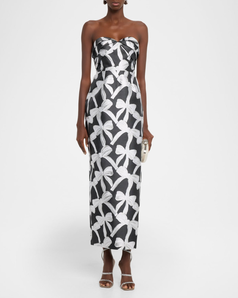 MILLY Donna Strapless Bow Jacquard Column Maxi Dress outlook
