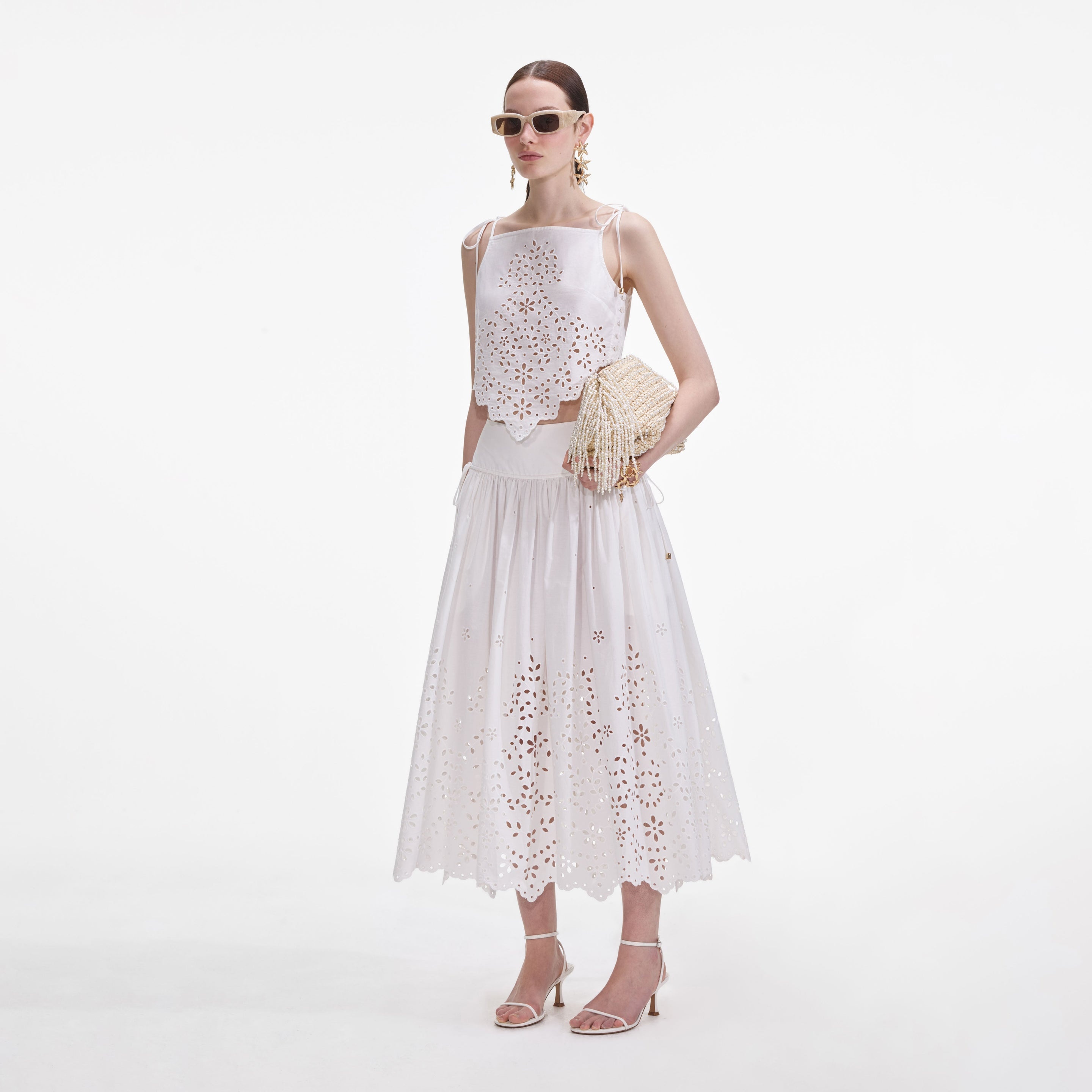 White Cotton Embroidered Midi Skirt - 2