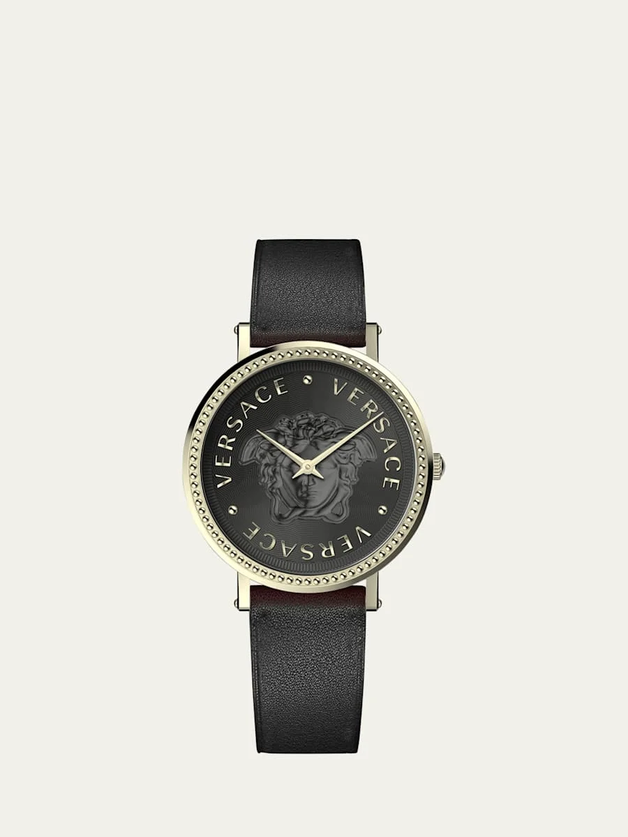 37mm V-Dollar Watch with Leather Strap, Yellow Gold/Black - 1