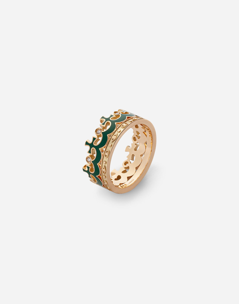 Dolce & Gabbana Crown yellow gold ring with green enamel crown and diamonds outlook