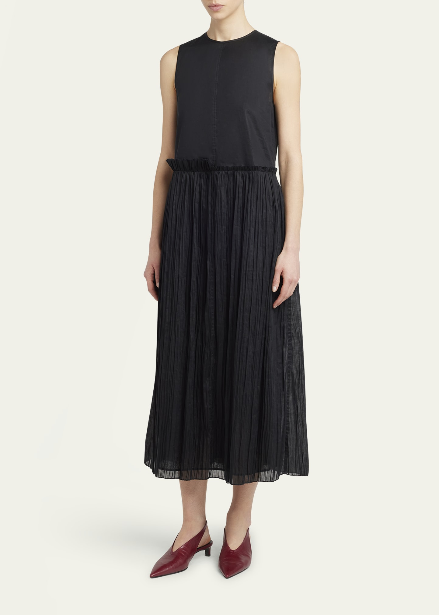 Ruffle Waist Dress With Pleated Skirt - 4
