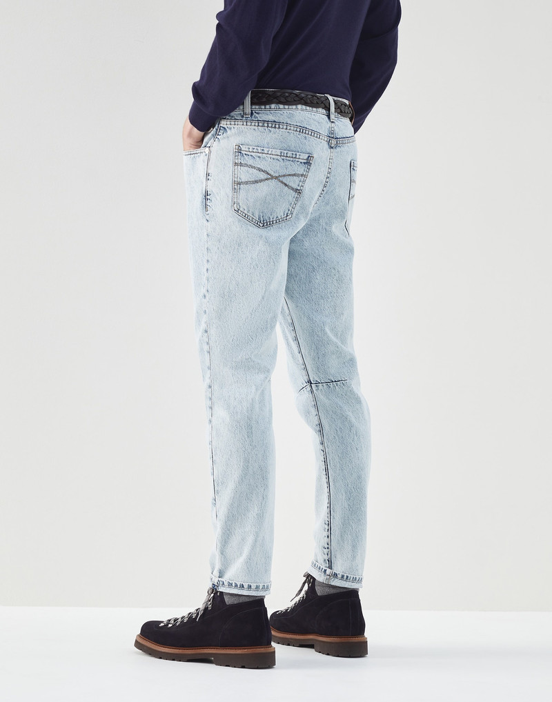 Brunello Cucinelli Aged denim leisure fit five-pocket trousers outlook
