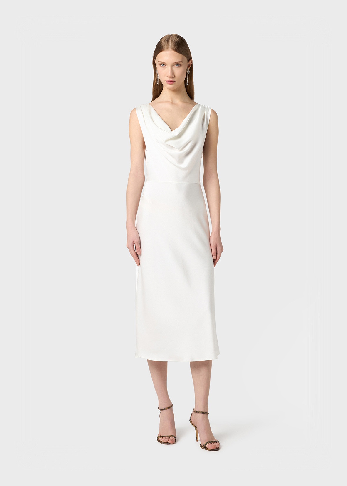 MIDI DRESS IN SHINY SATIN WITH DRAPED NECKLINE - 2