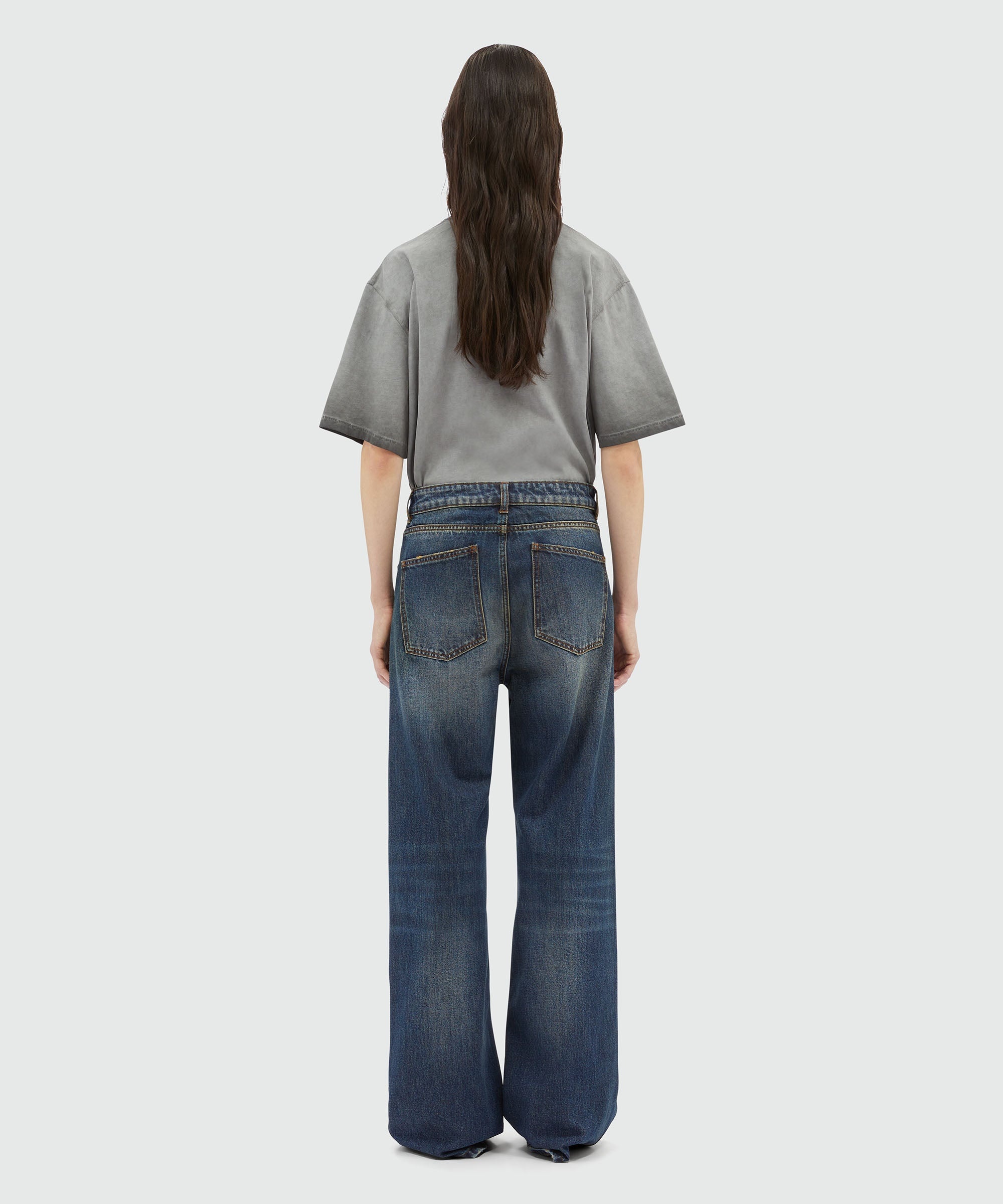 Wide-leg pre-washed effect dark blue denim pants - 3