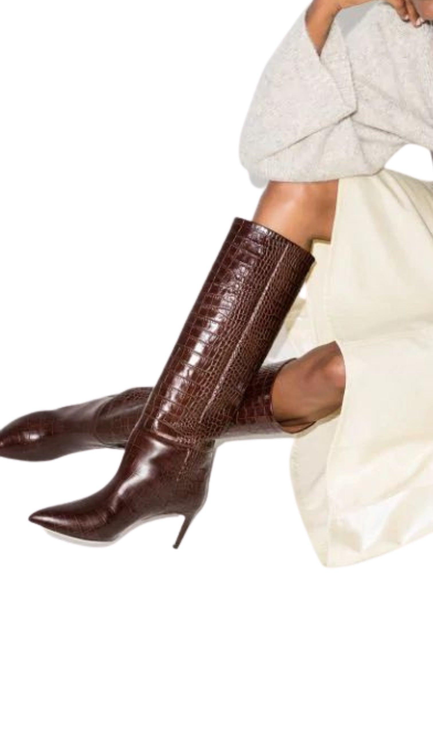 Crocodile-effect Leather Knee-High Boots - 6