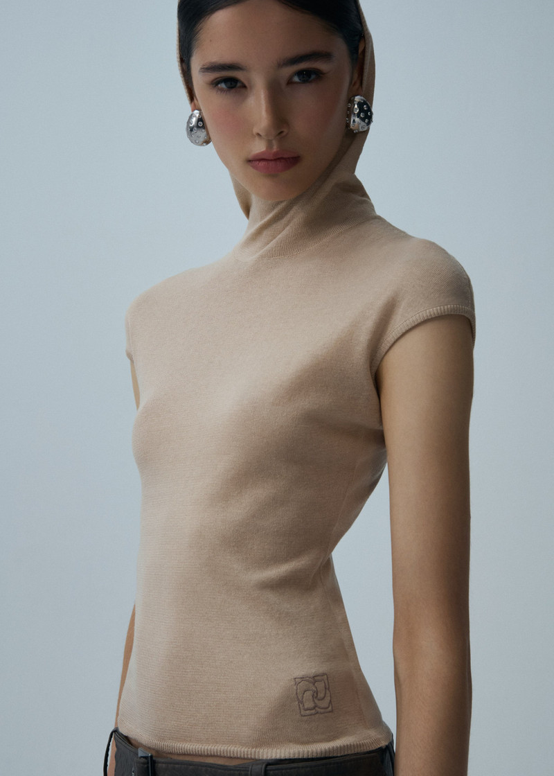 MAGDA BUTRYM Hooded silk knitwear top in beige outlook