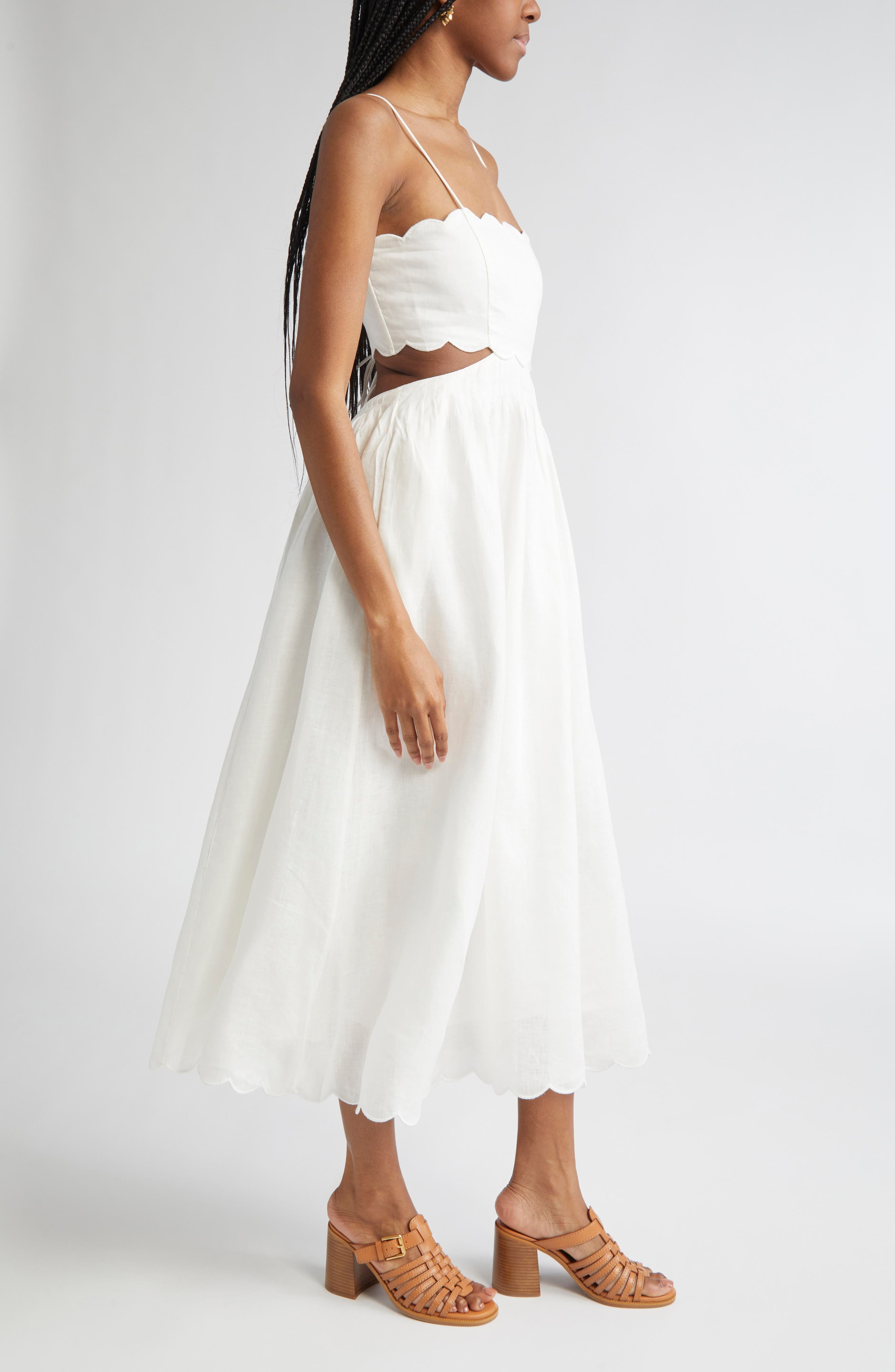 Zimmermann Rhiannon Corset Bodice Scallop Linen Midi Sundress in Ivory at Nordstrom - 3