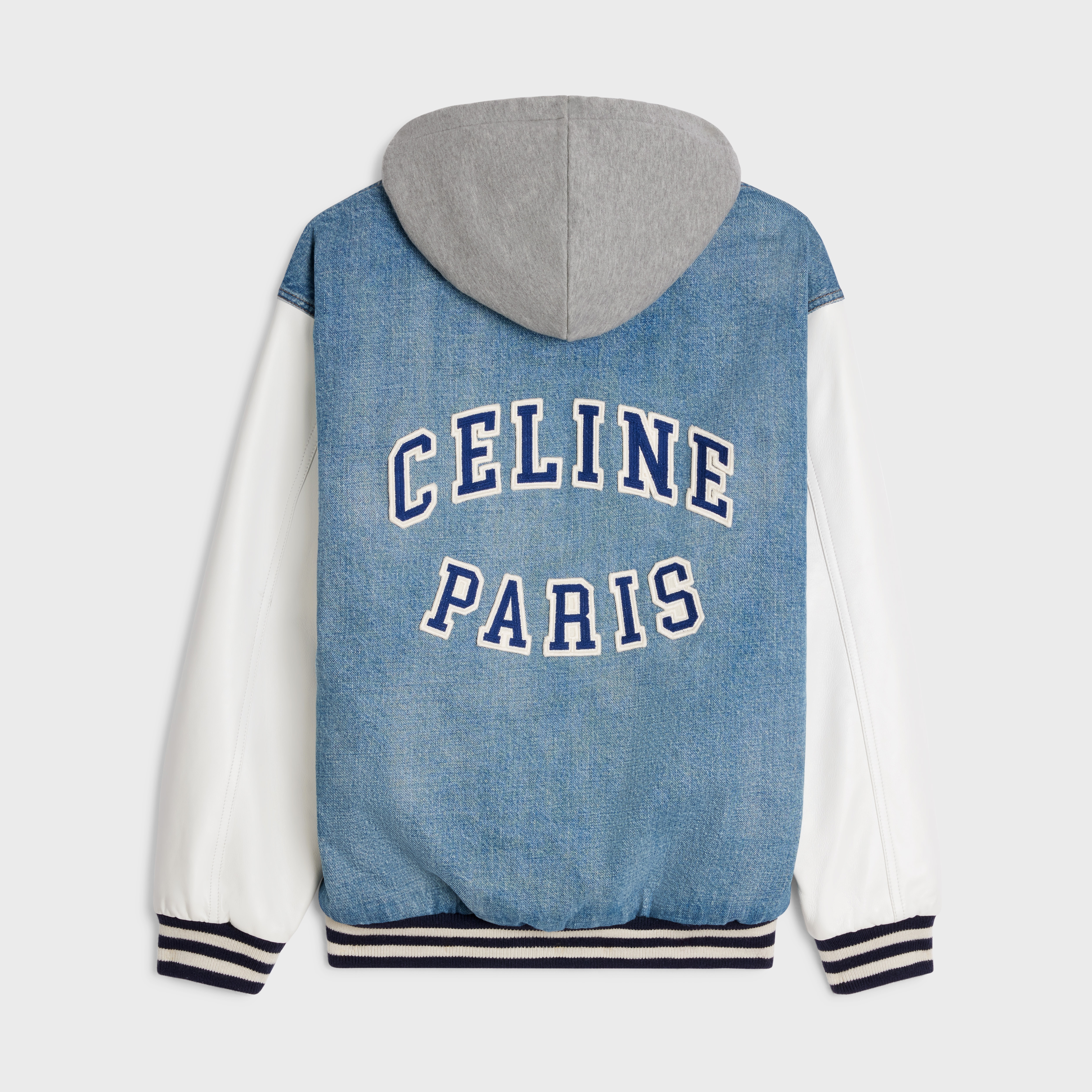 hooded varsity jacket in pismo wash denim - 2