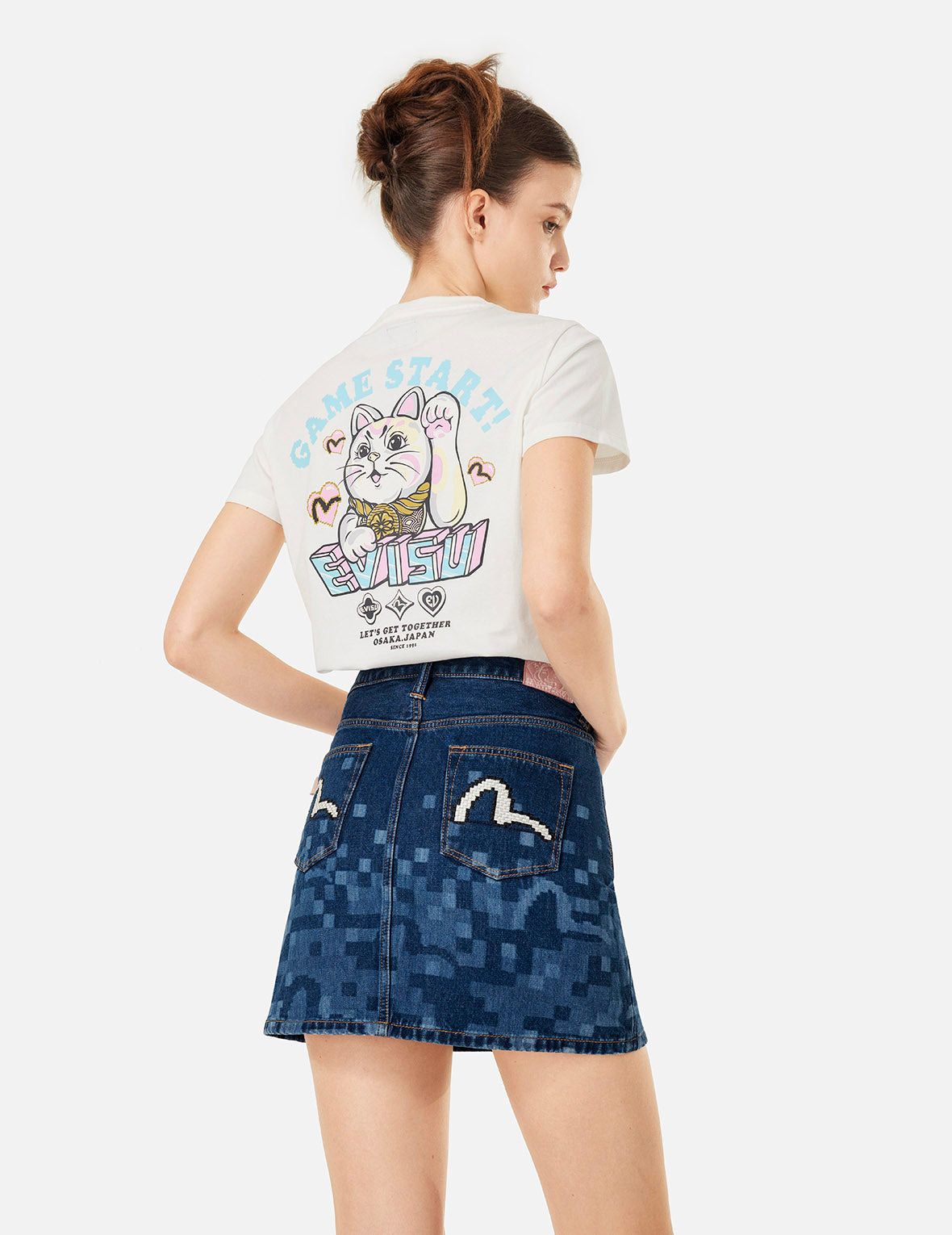 PIXEL SEAGULL EMBROIDERY AND PRINT REGULAR FIT DENIM SKIRT - 5