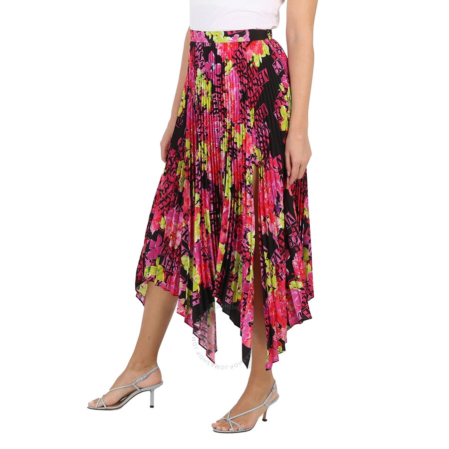 Versace Orchid Print Pleated Crepe De Chine Midi Skirt - 5