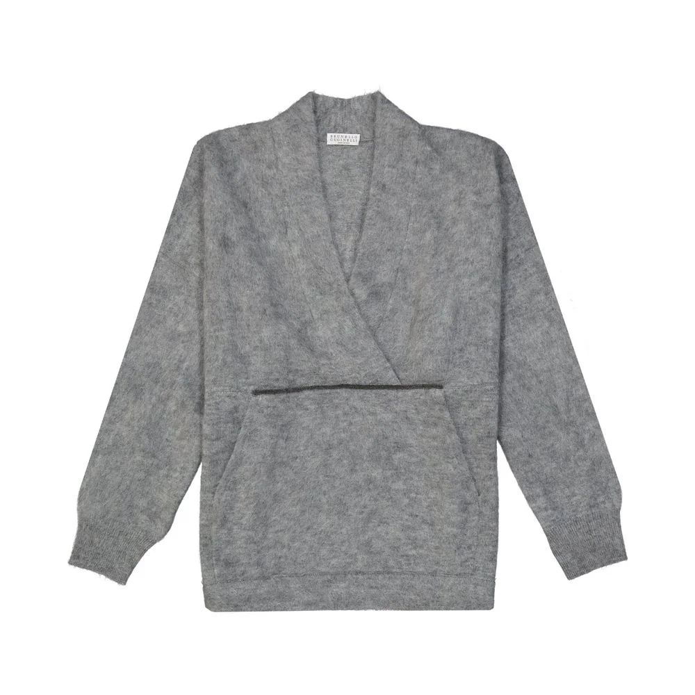 Brunello Cucinelli Mohair-Blend V-Neck Sweater — Gray - 1