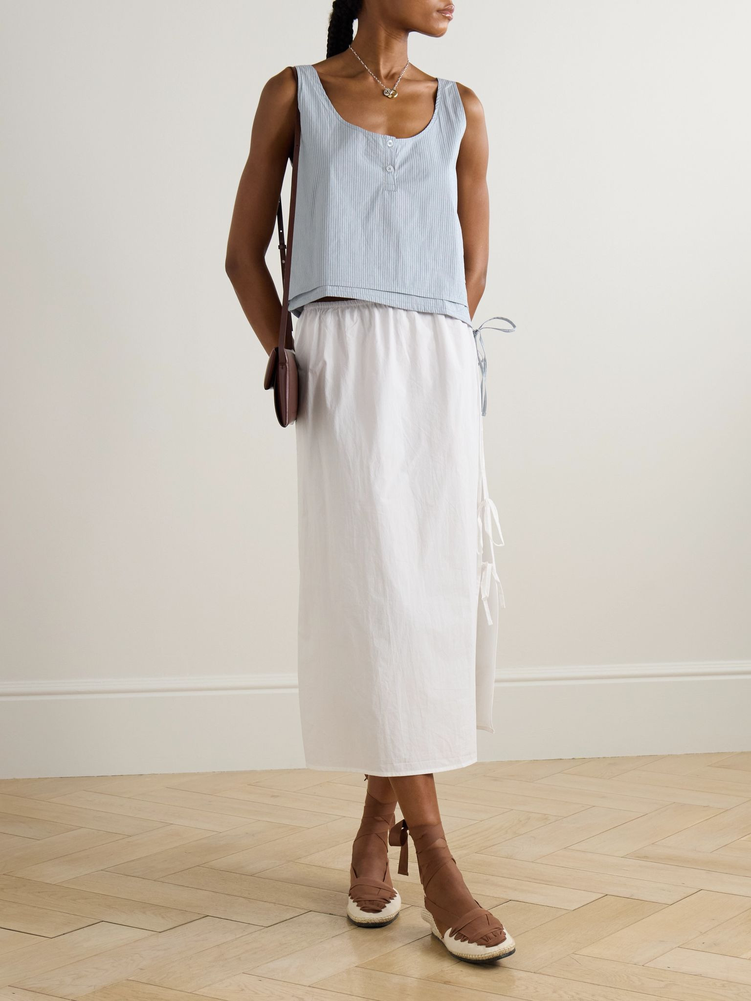 Tie-detailed layered striped organic cotton-poplin tank Blue - 2