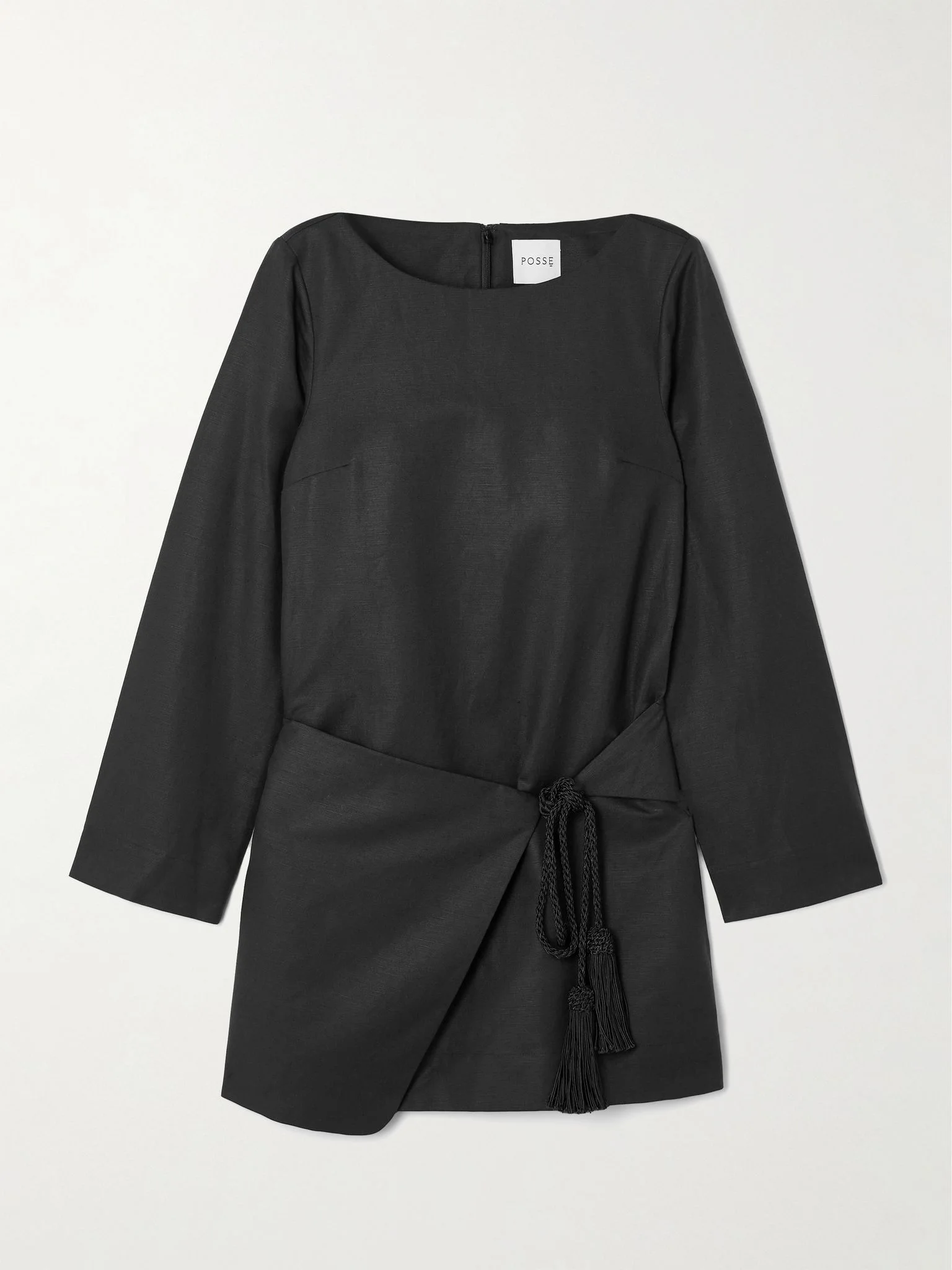 Yvette tie-detailed draped linen and cotton-blend mini dress Black - 1