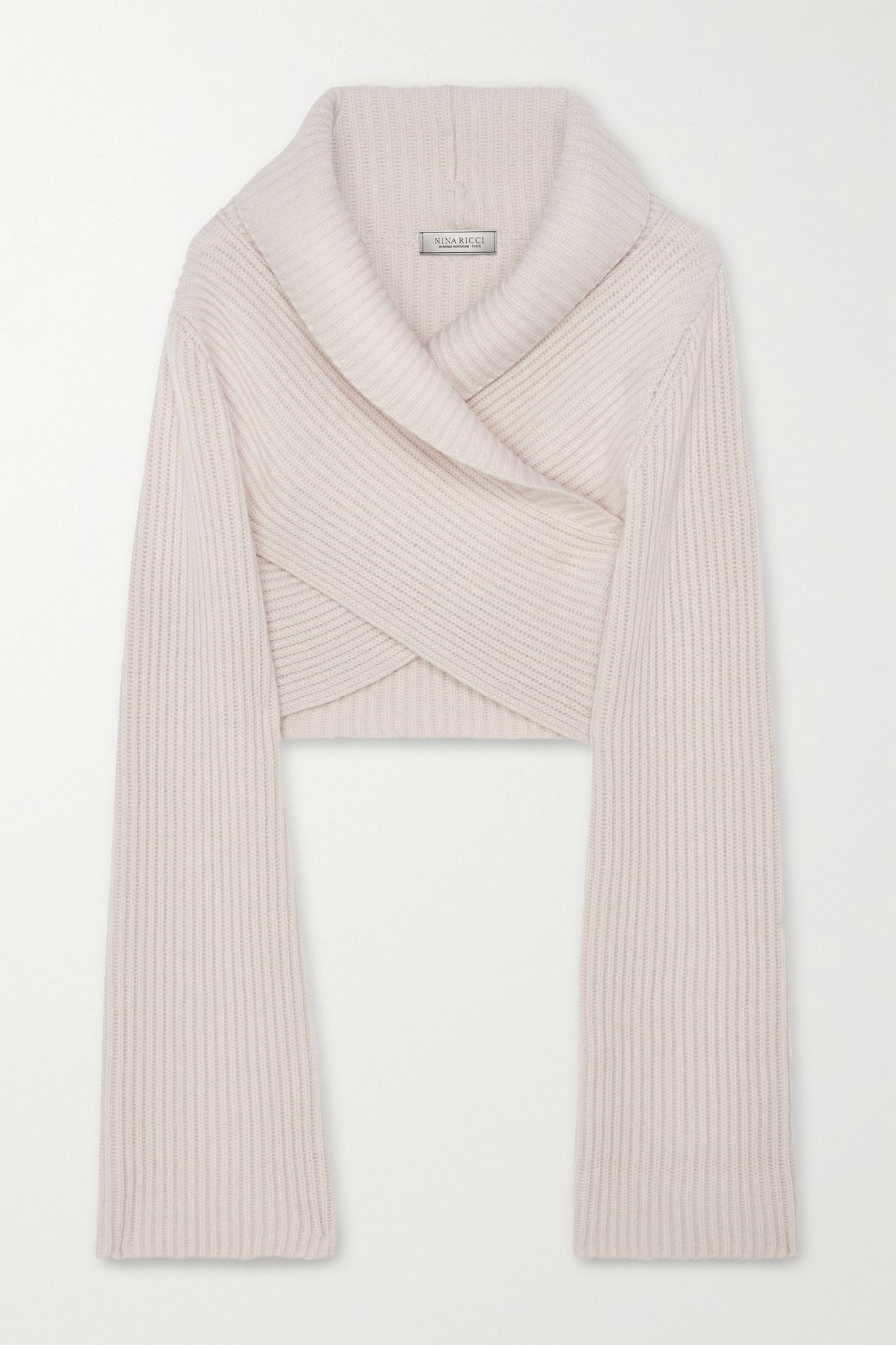 Cropped wrap-effect ribbed wool and cashmere-blend sweater - 1