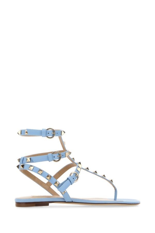 Valentino Garavani Woman Light Blue Leather Rockstud Thong Sandals - 3