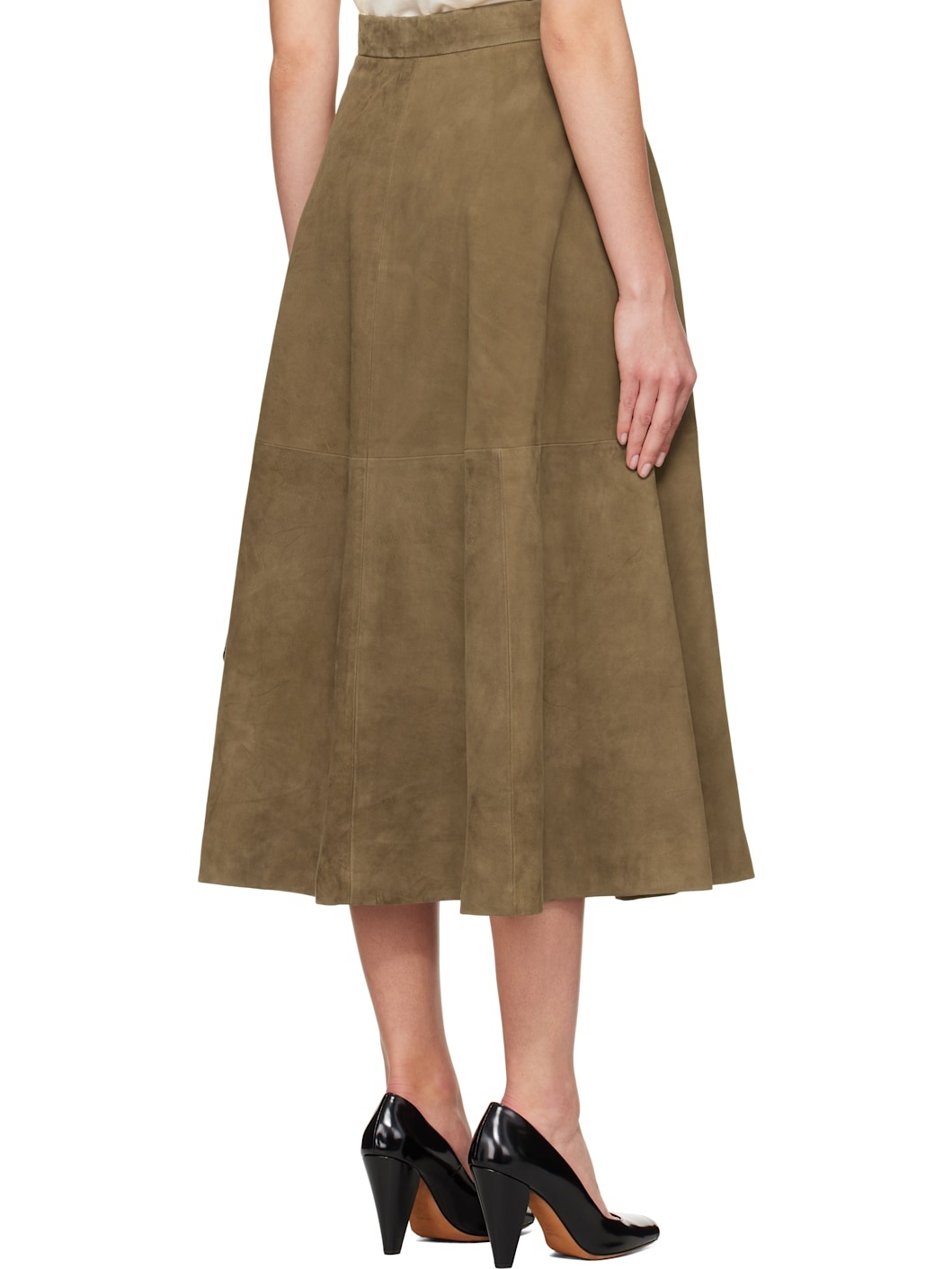 Khaki A-Line Suede Midi Skirt - 3