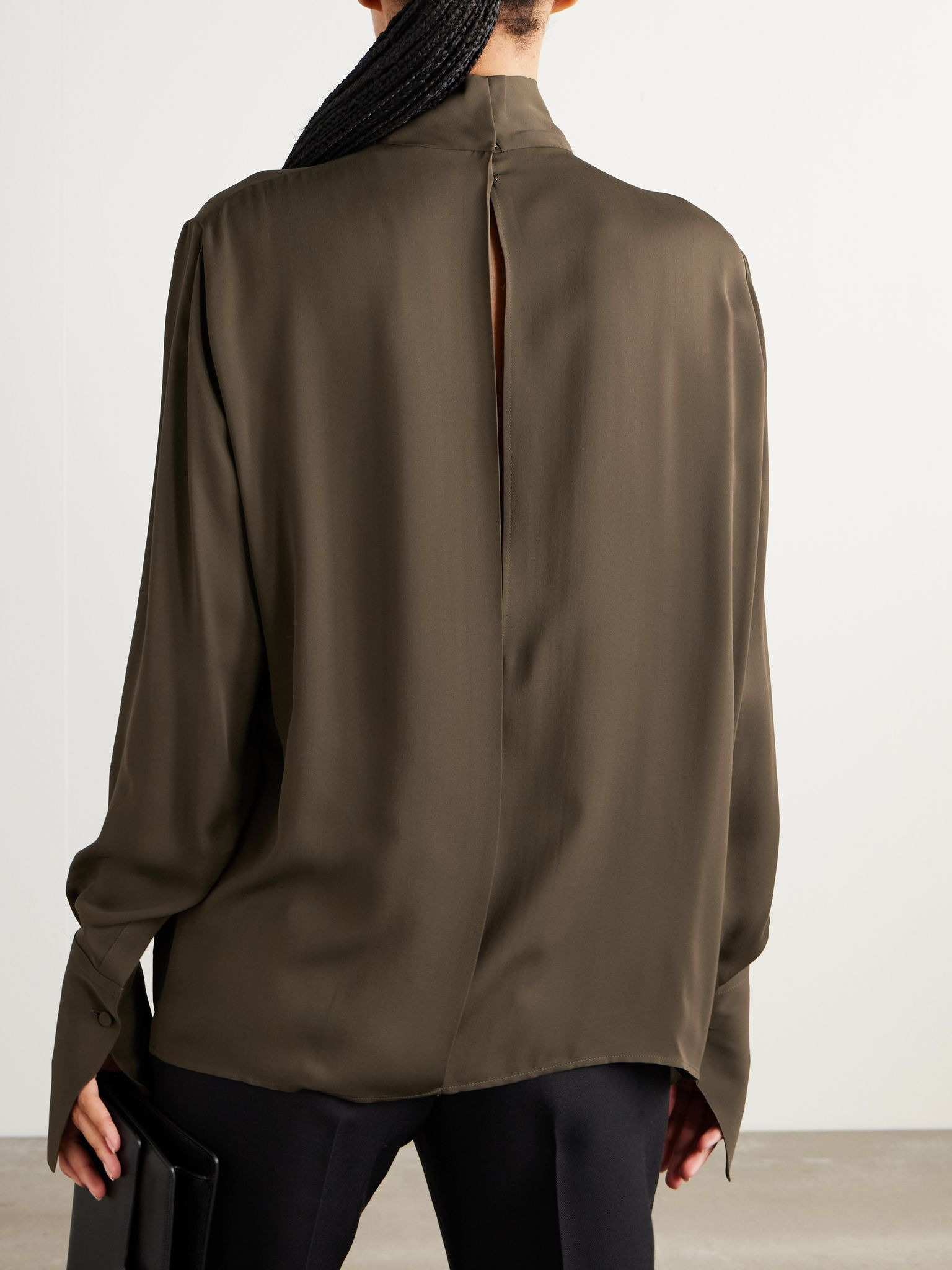 Cutout draped pleated silk-georgette blouse Brown - 4